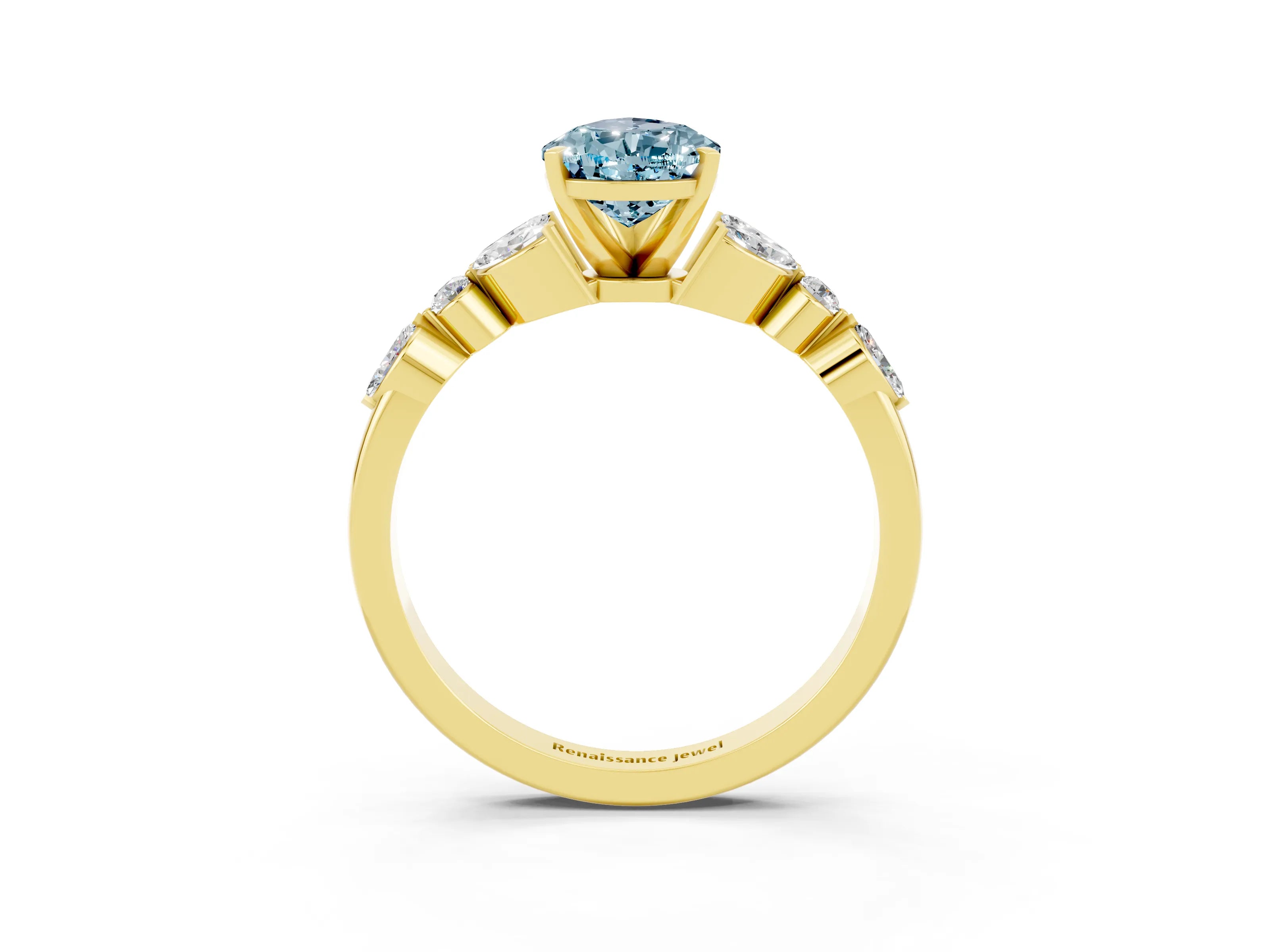 Yellow gold Pear Cut Aquamarine Solitaire Ring with Side Stones and Four-Prong Setting_15