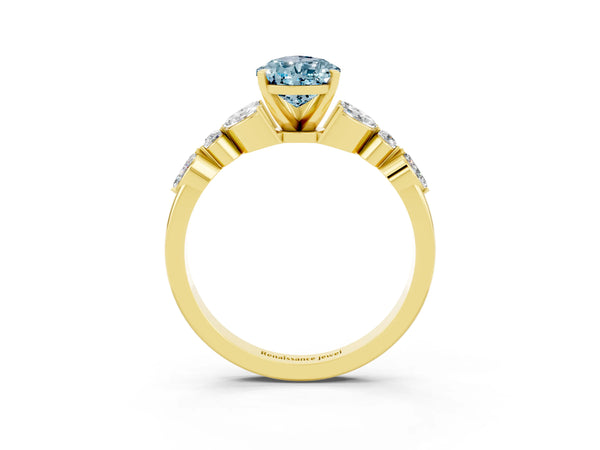 Yellow gold Pear Cut Aquamarine Solitaire Ring with Side Stones and Four-Prong Setting