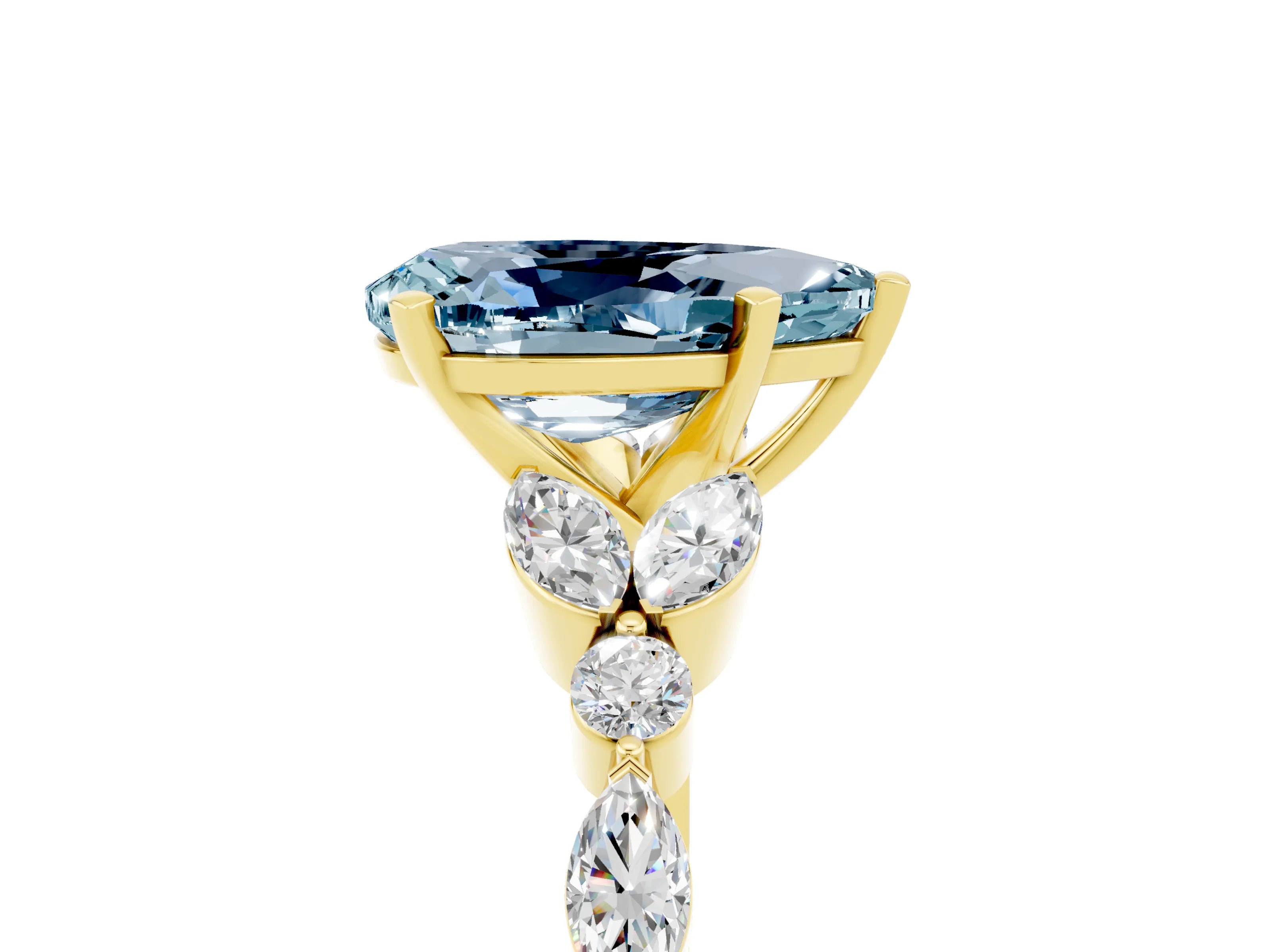 Yellow gold Pear Cut Aquamarine Solitaire Ring with Side Stones and Four-Prong Setting_17