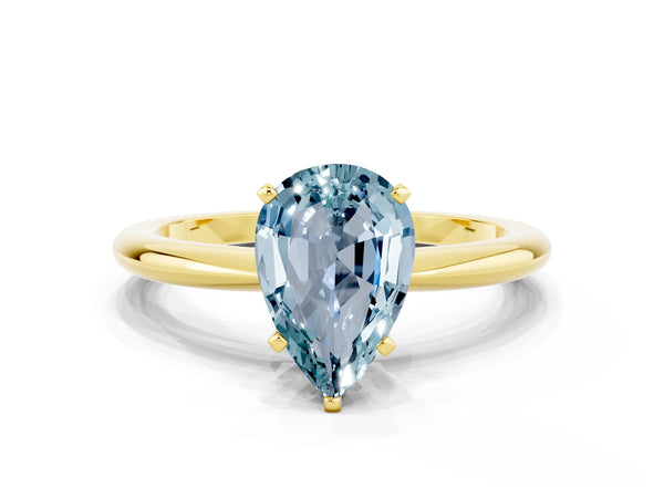 Yellow gold Pear Cut Aquamarine Solitaire Ring with Six-Prong Setting and Classic Band