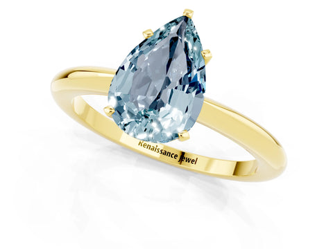 Yellow gold Pear Cut Aquamarine Solitaire Ring with Six-Prong Setting and Classic Band_1
