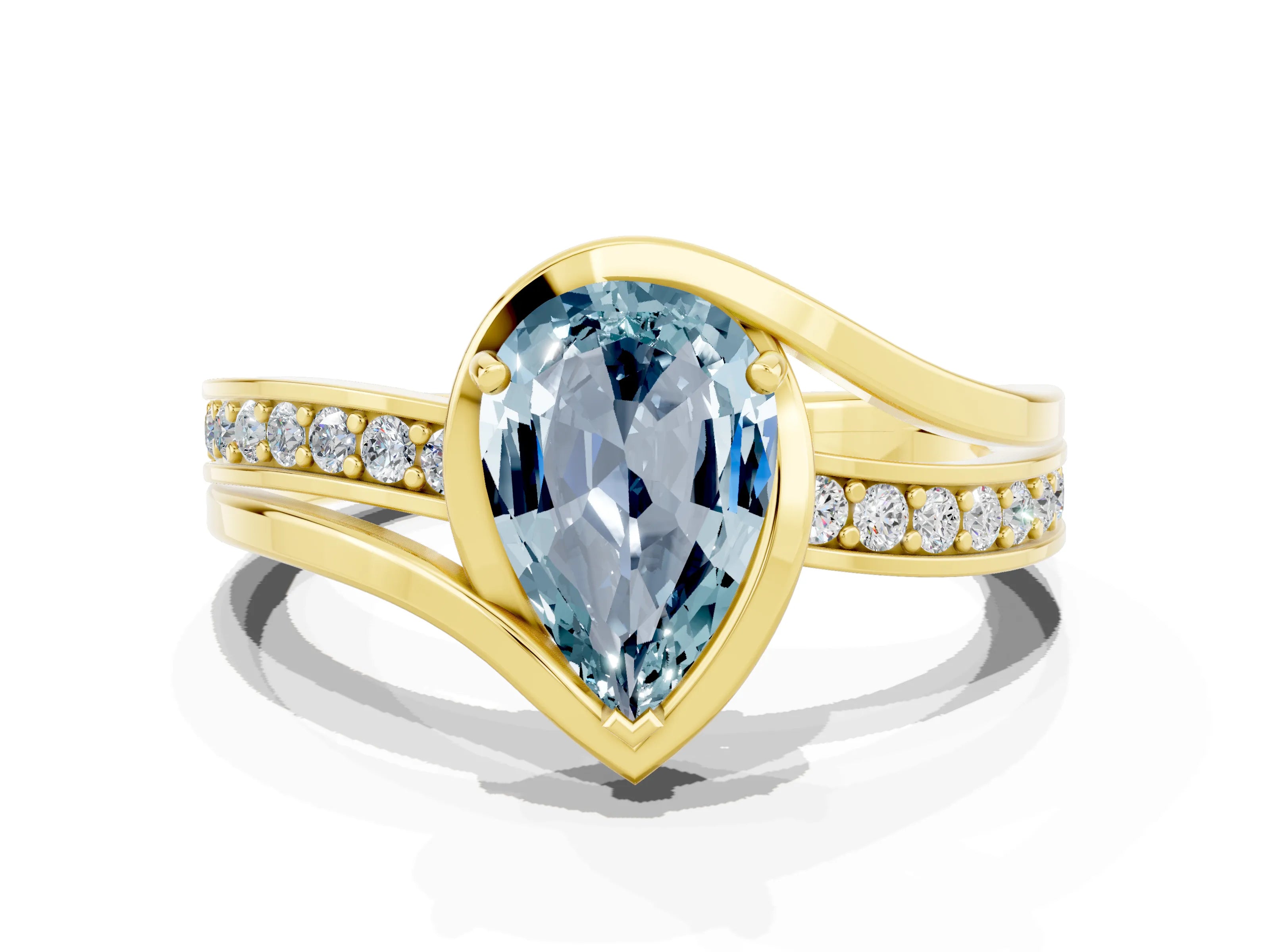 Yellow gold Pear Cut Aquamarine Solitaire Ring with Split Shank and Prong Setting