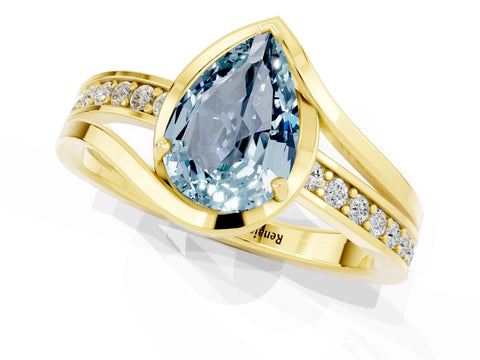 Yellow gold Pear Cut Aquamarine Solitaire Ring with Split Shank and Prong Setting_1