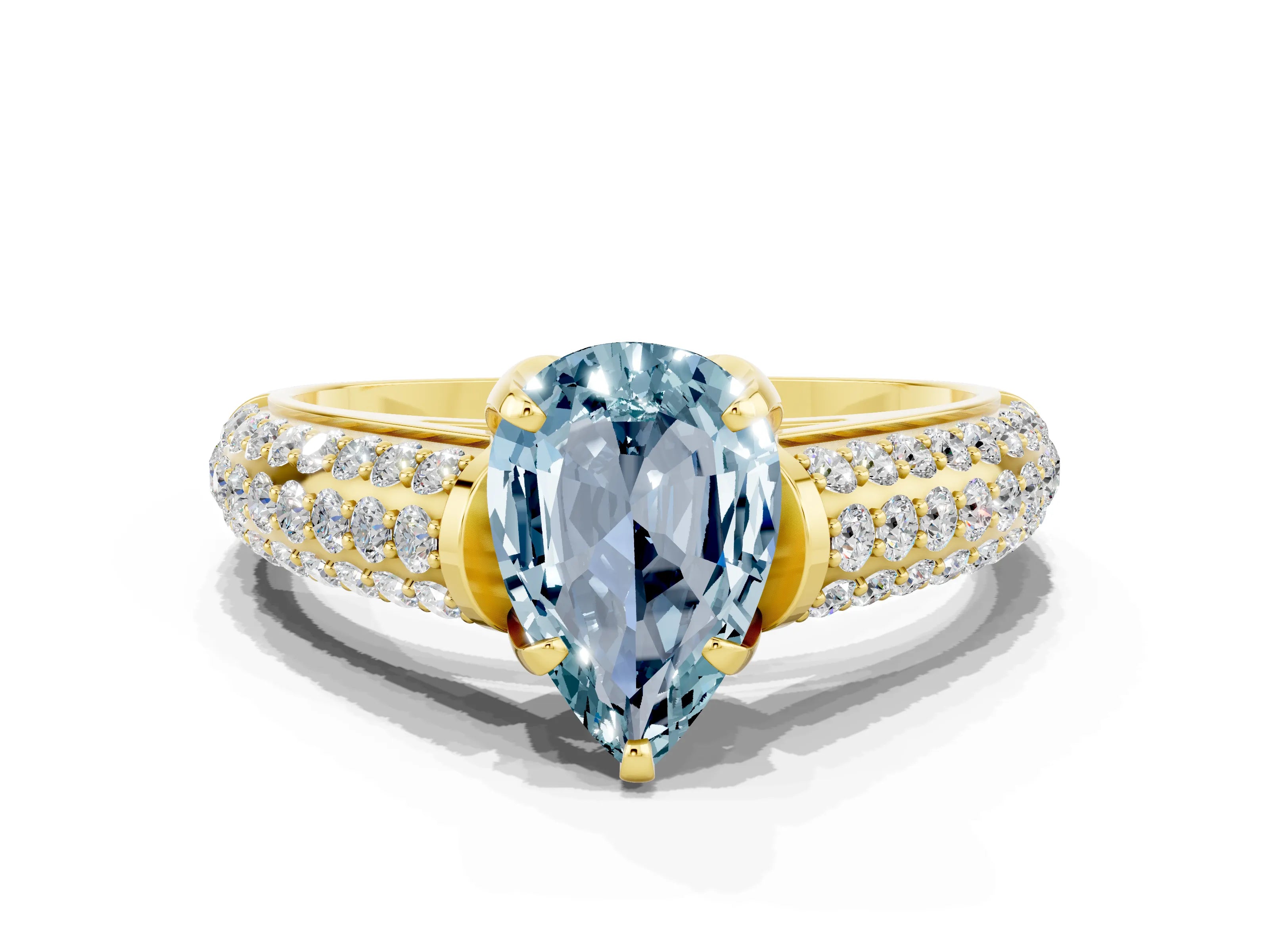 Yellow gold Pear Cut Aquamarine Solitaire Ring with Three-Row Pavé Band and Four-Prong Setting_12