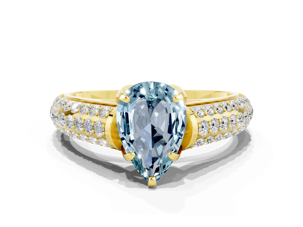 Yellow gold Pear Cut Aquamarine Solitaire Ring with Three-Row Pavé Band and Four-Prong Setting