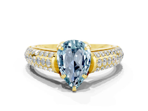 Yellow gold Pear Cut Aquamarine Solitaire Ring with Three-Row Pavé Band and Four-Prong Setting_12
