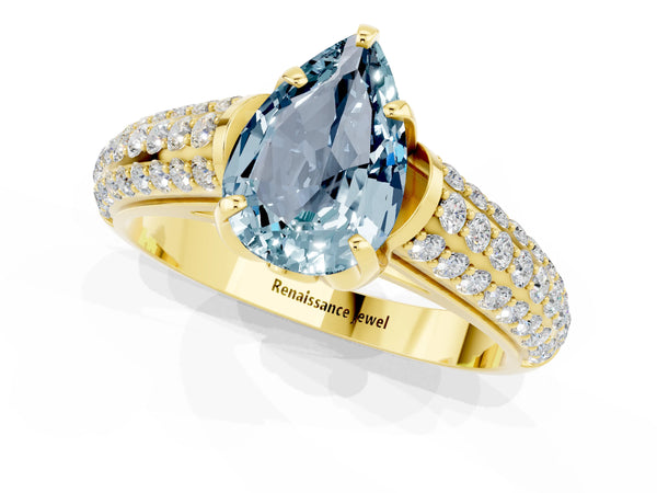 Yellow gold Pear Cut Aquamarine Solitaire Ring with Three-Row Pavé Band and Four-Prong Setting