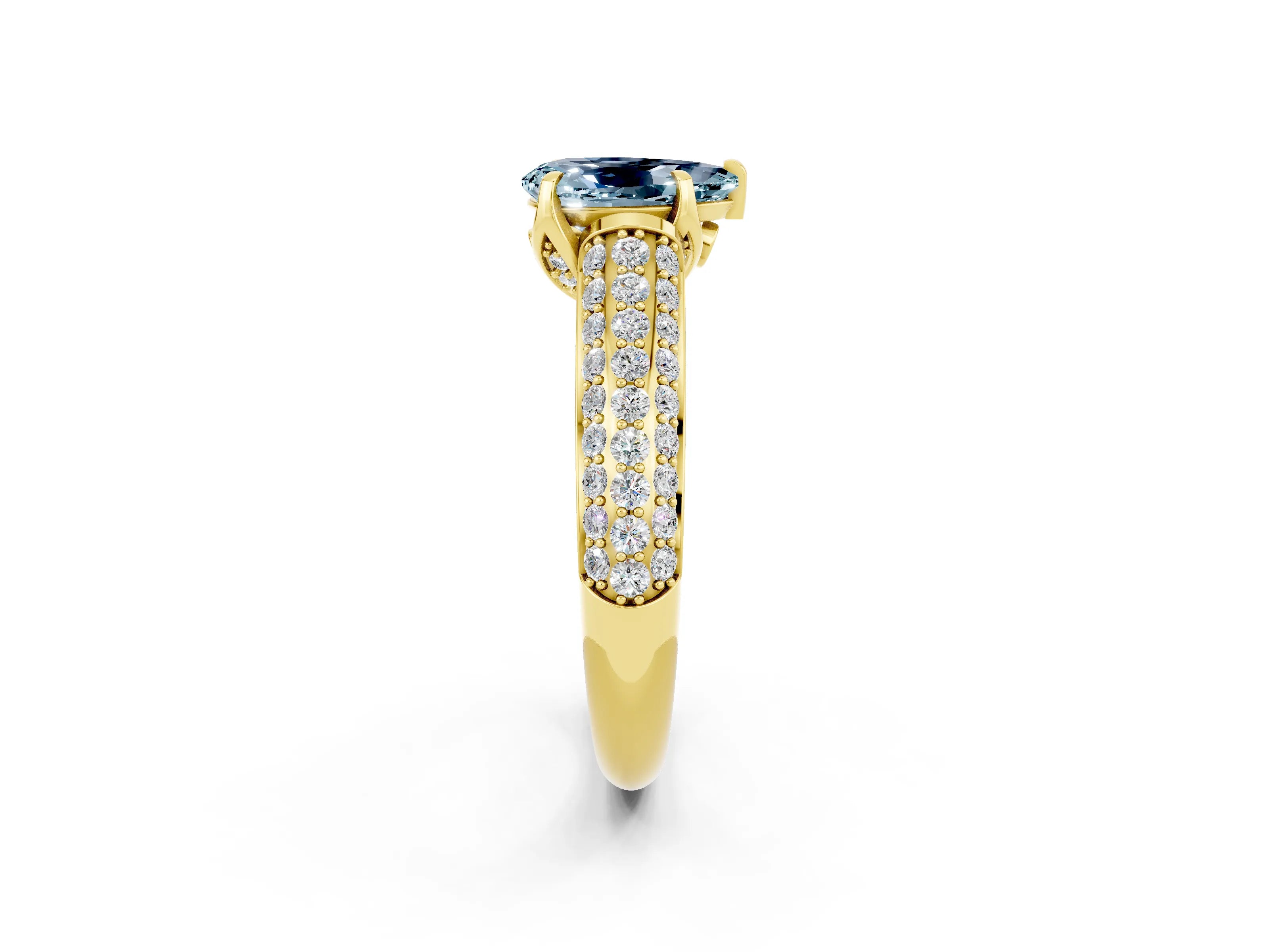 Yellow gold Pear Cut Aquamarine Solitaire Ring with Three-Row Pavé Band and Four-Prong Setting_14