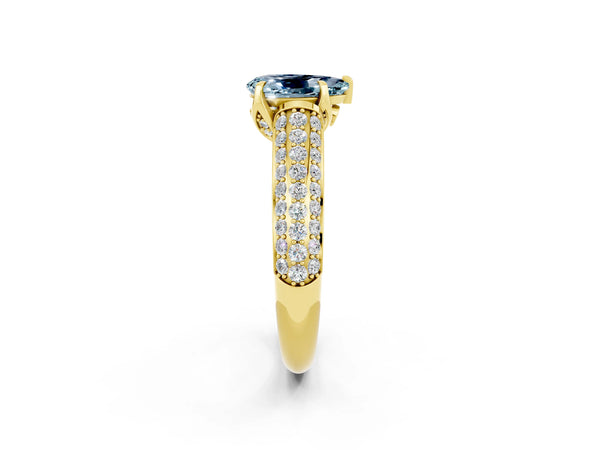 Yellow gold Pear Cut Aquamarine Solitaire Ring with Three-Row Pavé Band and Four-Prong Setting