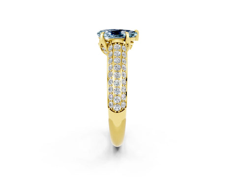 Yellow gold Pear Cut Aquamarine Solitaire Ring with Three-Row Pavé Band and Four-Prong Setting_14
