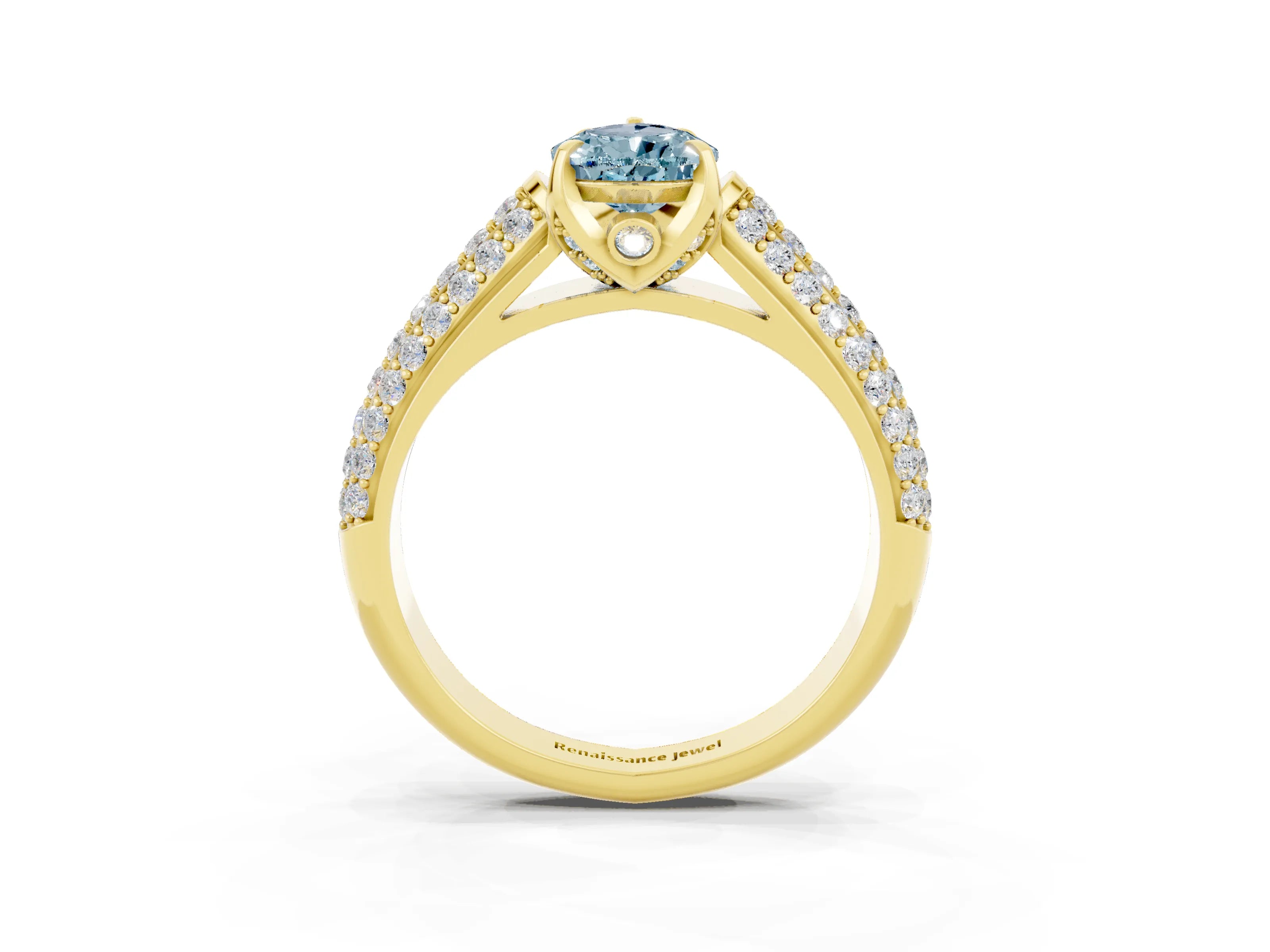 Yellow gold Pear Cut Aquamarine Solitaire Ring with Three-Row Pavé Band and Four-Prong Setting_15