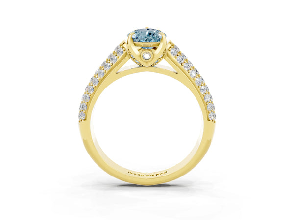 Yellow gold Pear Cut Aquamarine Solitaire Ring with Three-Row Pavé Band and Four-Prong Setting