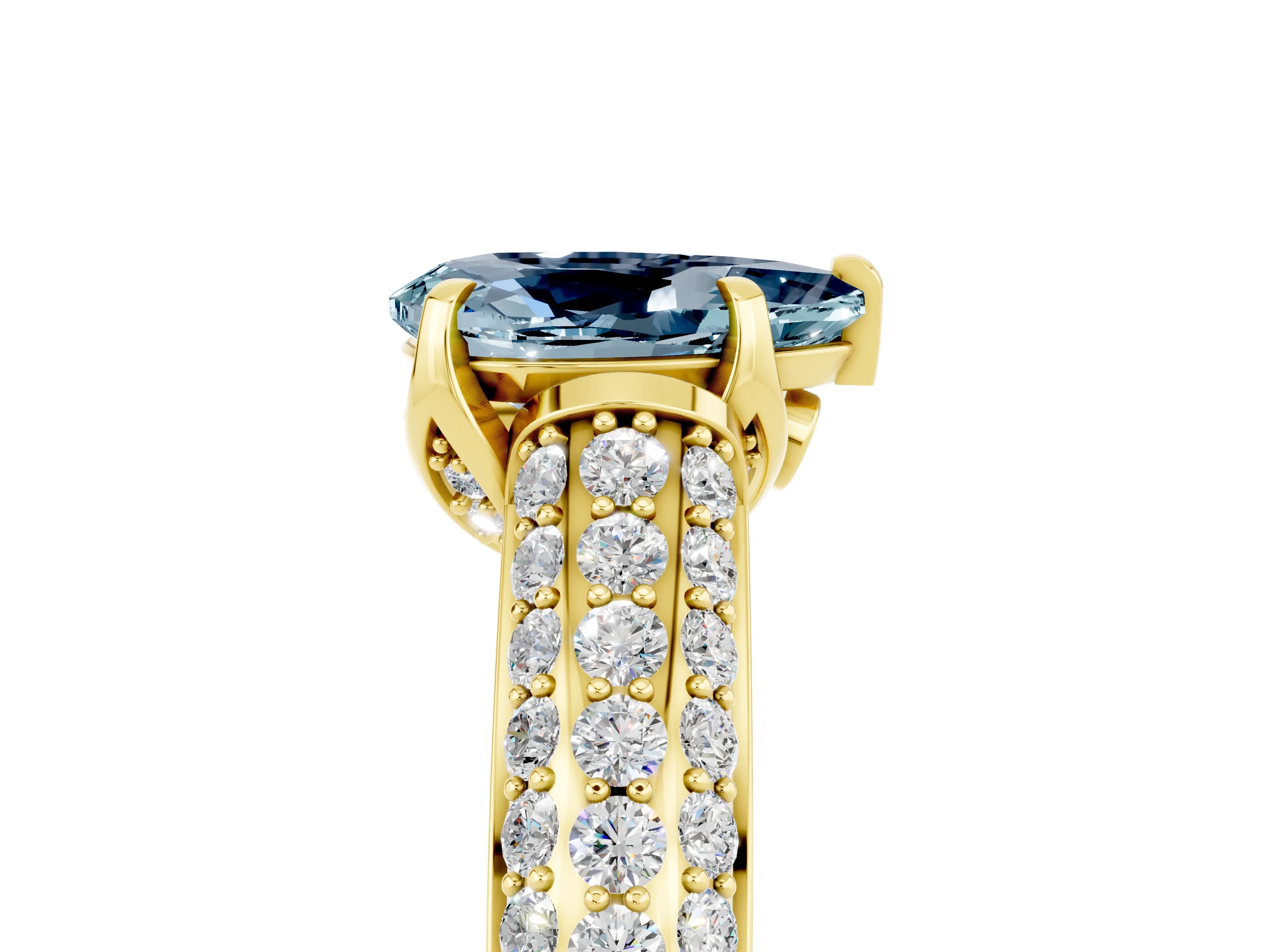 Yellow gold Pear Cut Aquamarine Solitaire Ring with Three-Row Pavé Band and Four-Prong Setting_17