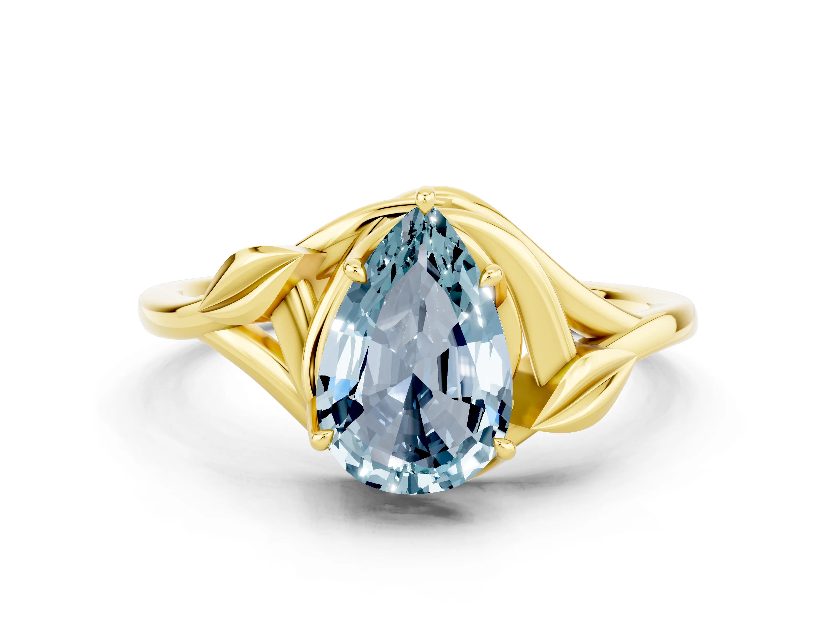 Yellow gold Pear Cut Aquamarine Solitaire Ring with Twist Band and Four-Prong Setting_24