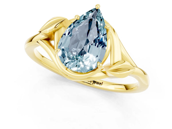 Yellow gold Pear Cut Aquamarine Solitaire Ring with Twist Band and Four-Prong Setting