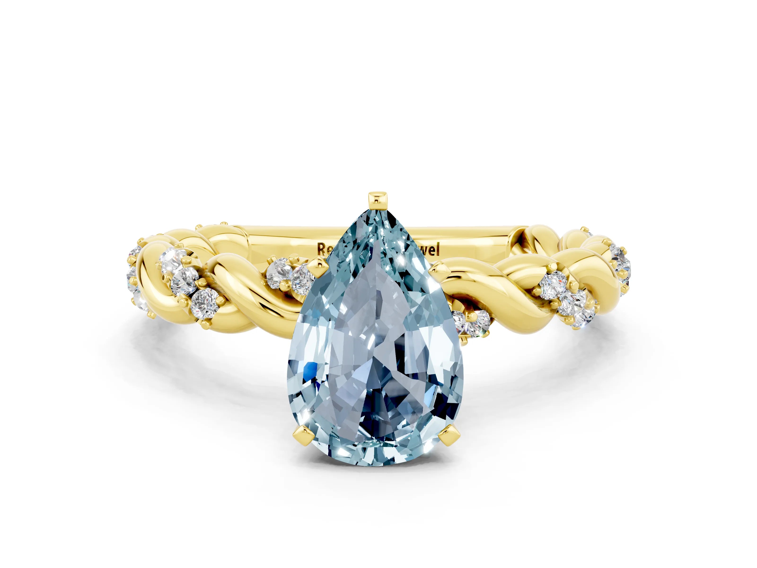 Yellow gold Pear Cut Aquamarine Solitaire Ring with Twisted Band and Pavé Accents