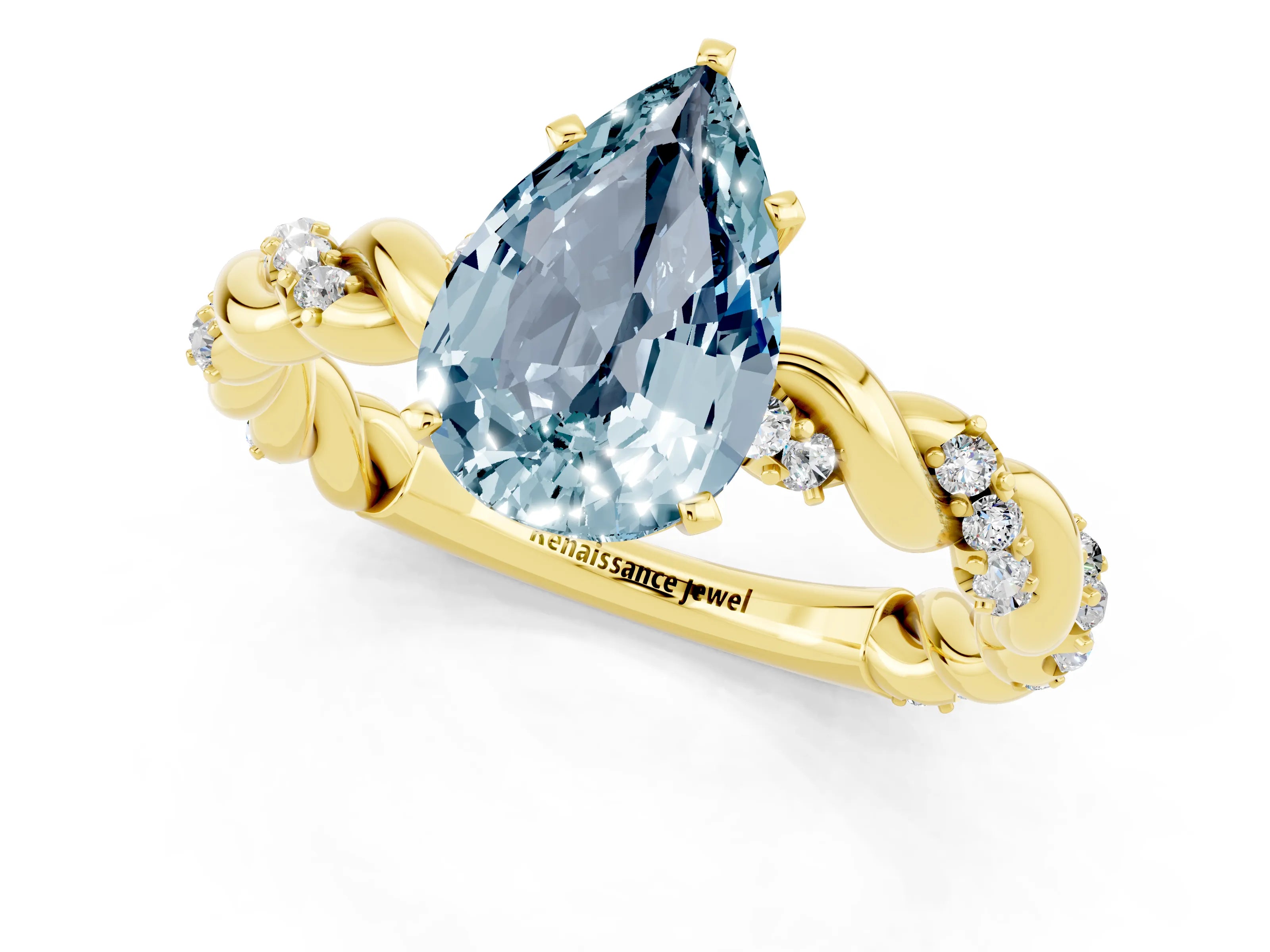Yellow gold Pear Cut Aquamarine Solitaire Ring with Twisted Band and Pavé Accents_1