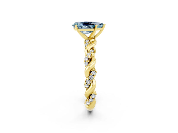 Yellow gold Pear Cut Aquamarine Solitaire Ring with Twisted Band and Pavé Accents