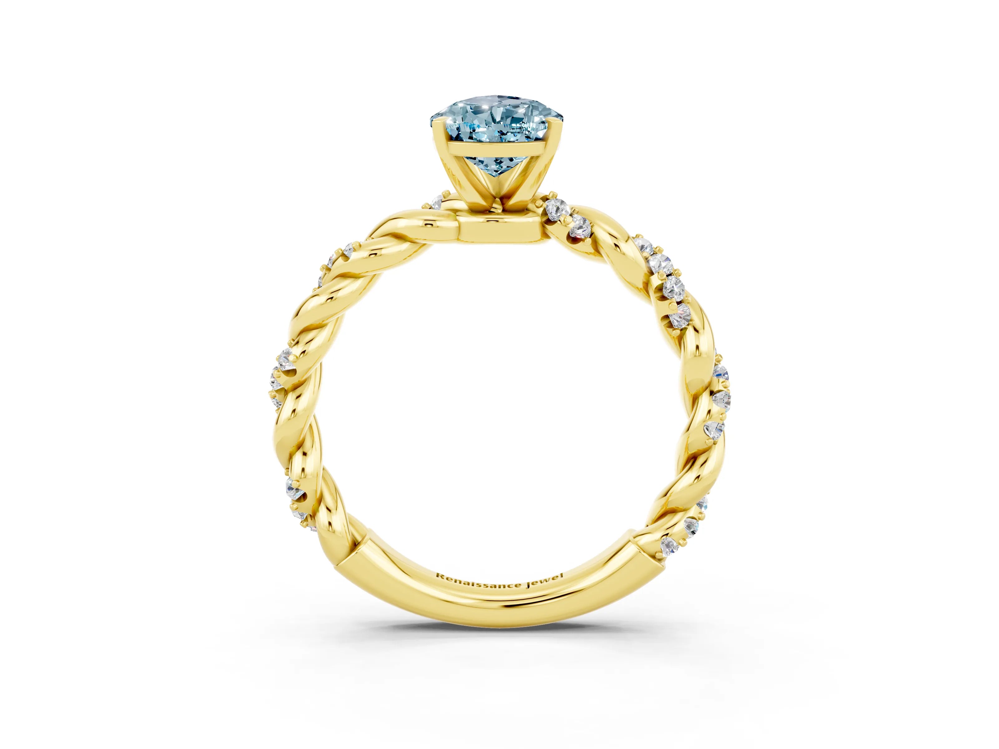 Yellow gold Pear Cut Aquamarine Solitaire Ring with Twisted Band and Pavé Accents_3
