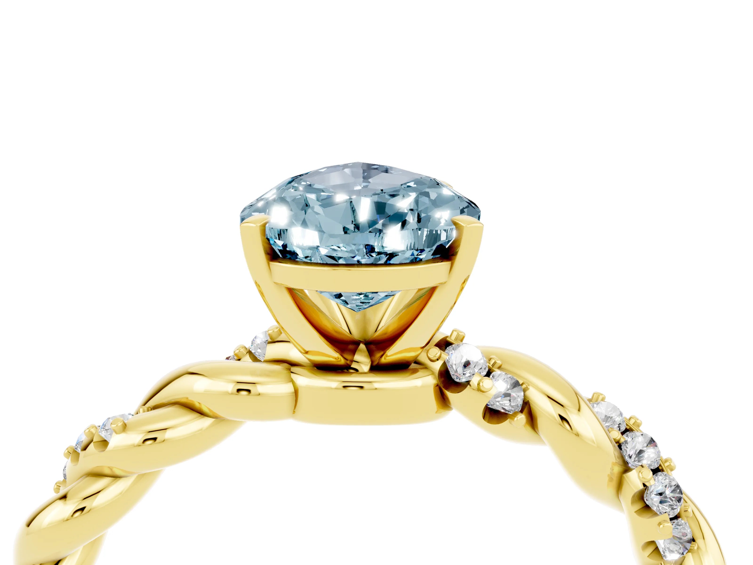 Yellow gold Pear Cut Aquamarine Solitaire Ring with Twisted Band and Pavé Accents_4
