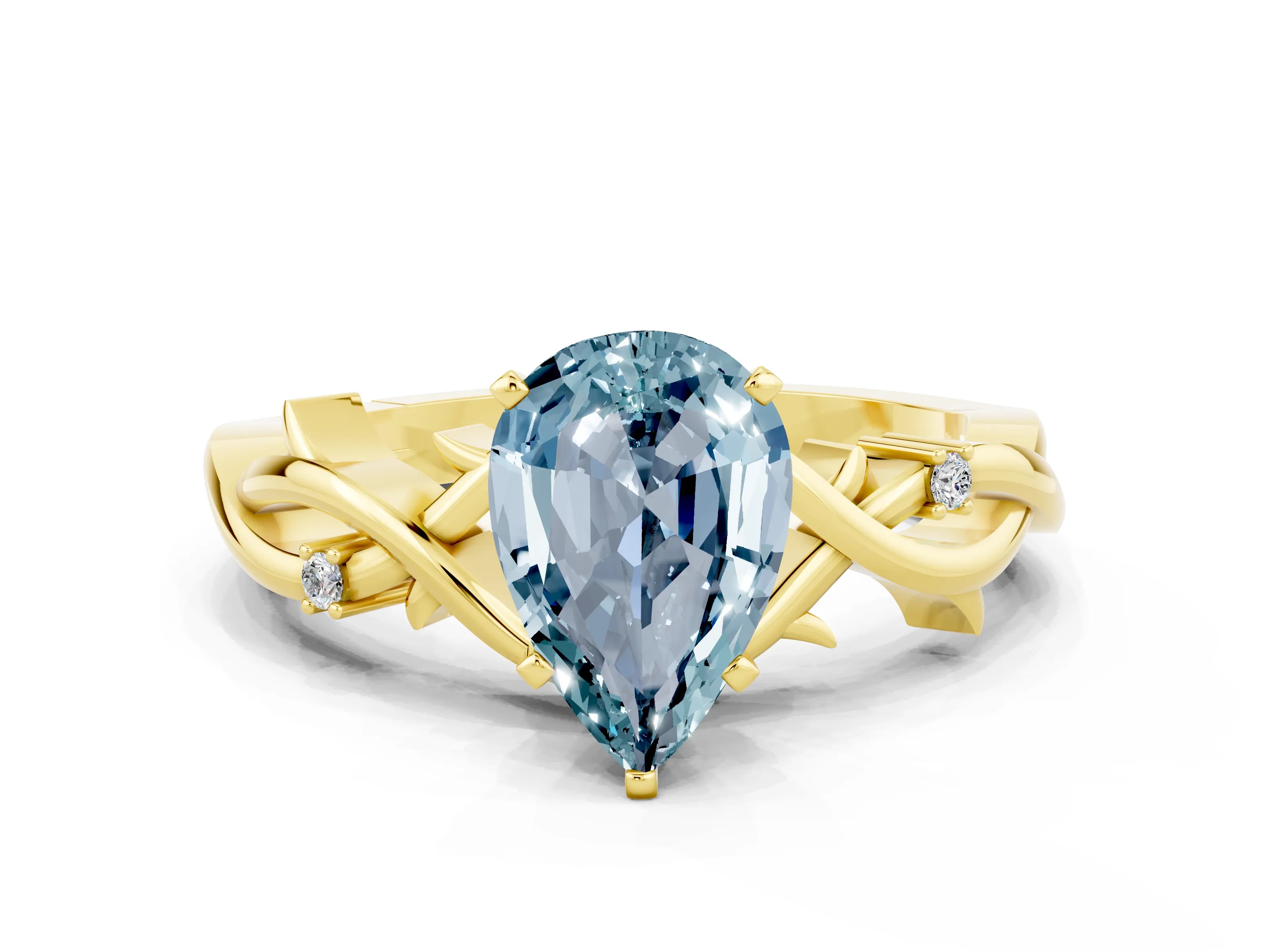 Yellow gold Pear Cut Aquamarine Solitaire Ring with Twisted Band and Prong Setting