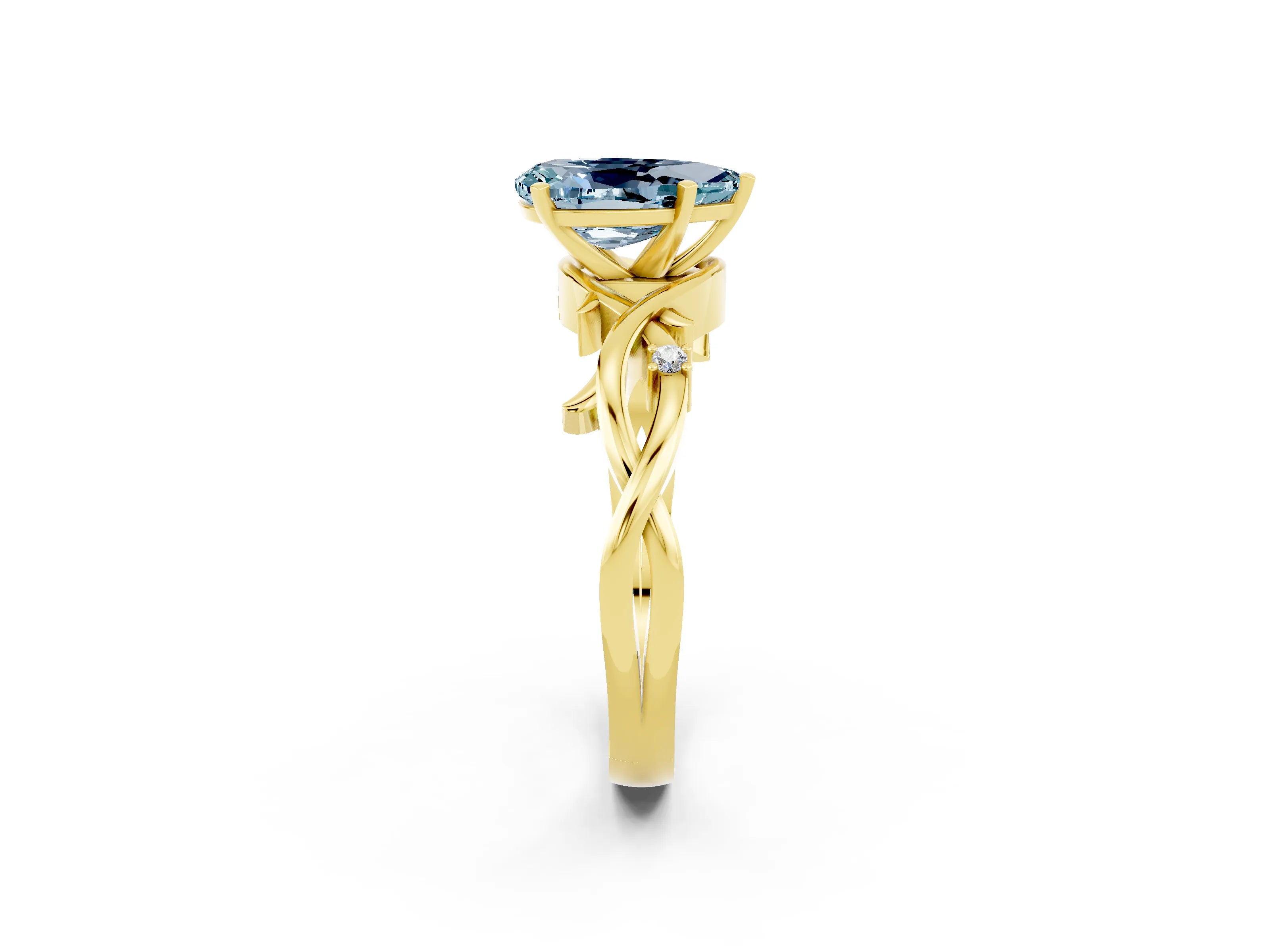 Yellow gold Pear Cut Aquamarine Solitaire Ring with Twisted Band and Prong Setting_2