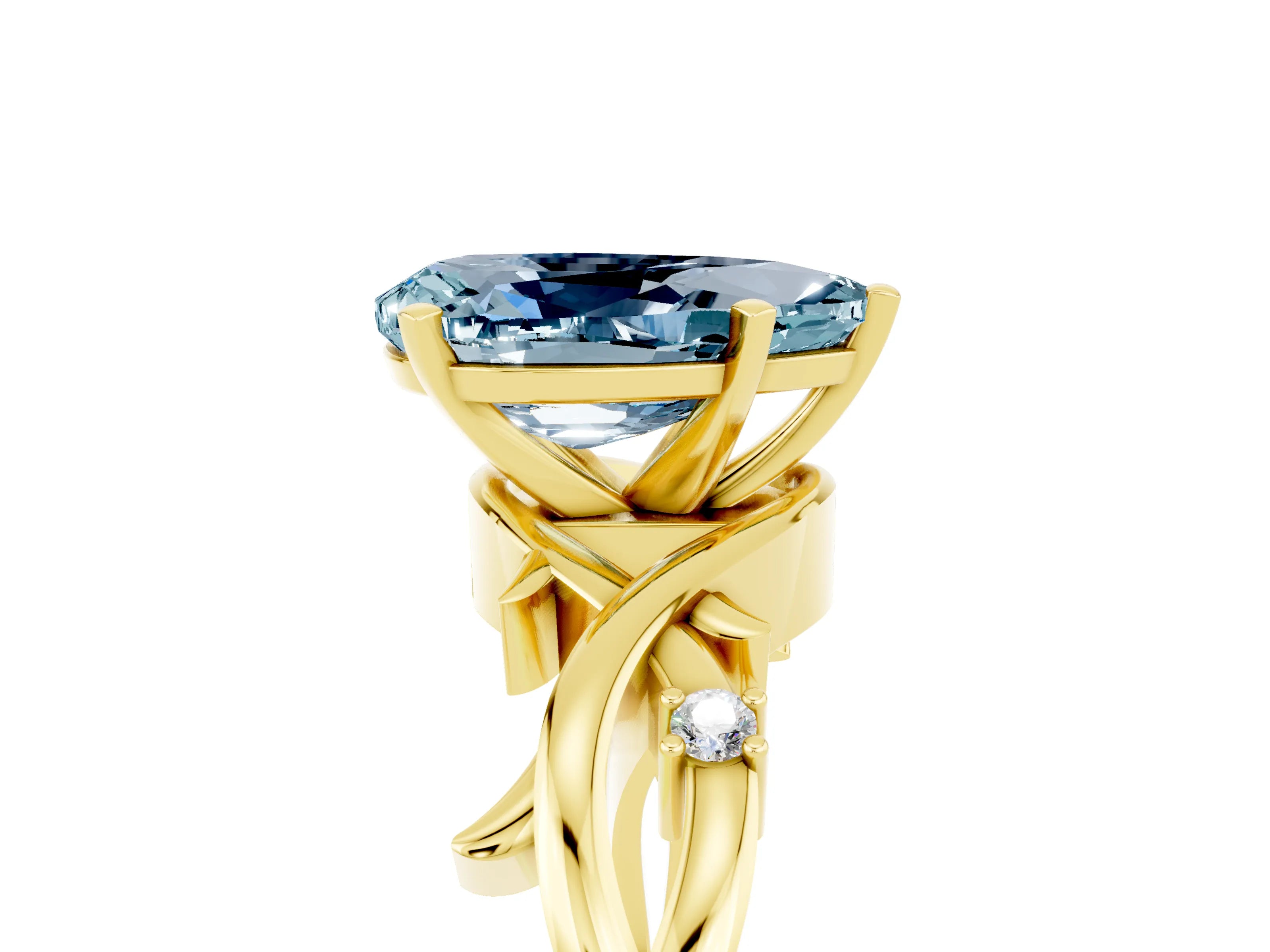 Yellow gold Pear Cut Aquamarine Solitaire Ring with Twisted Band and Prong Setting_5