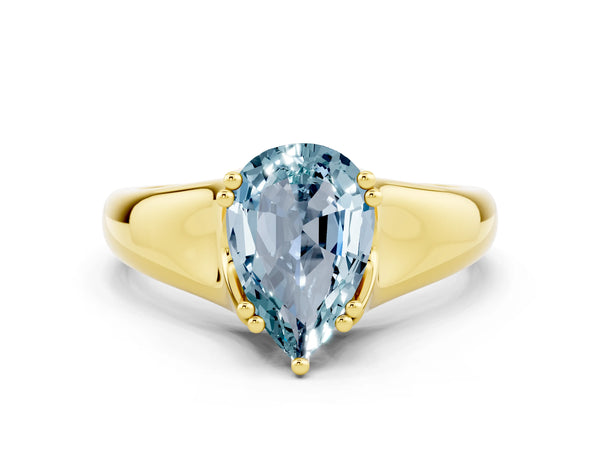 Yellow gold Pear Cut Aquamarine Solitaire Ring with Wide Band and Prong Setting