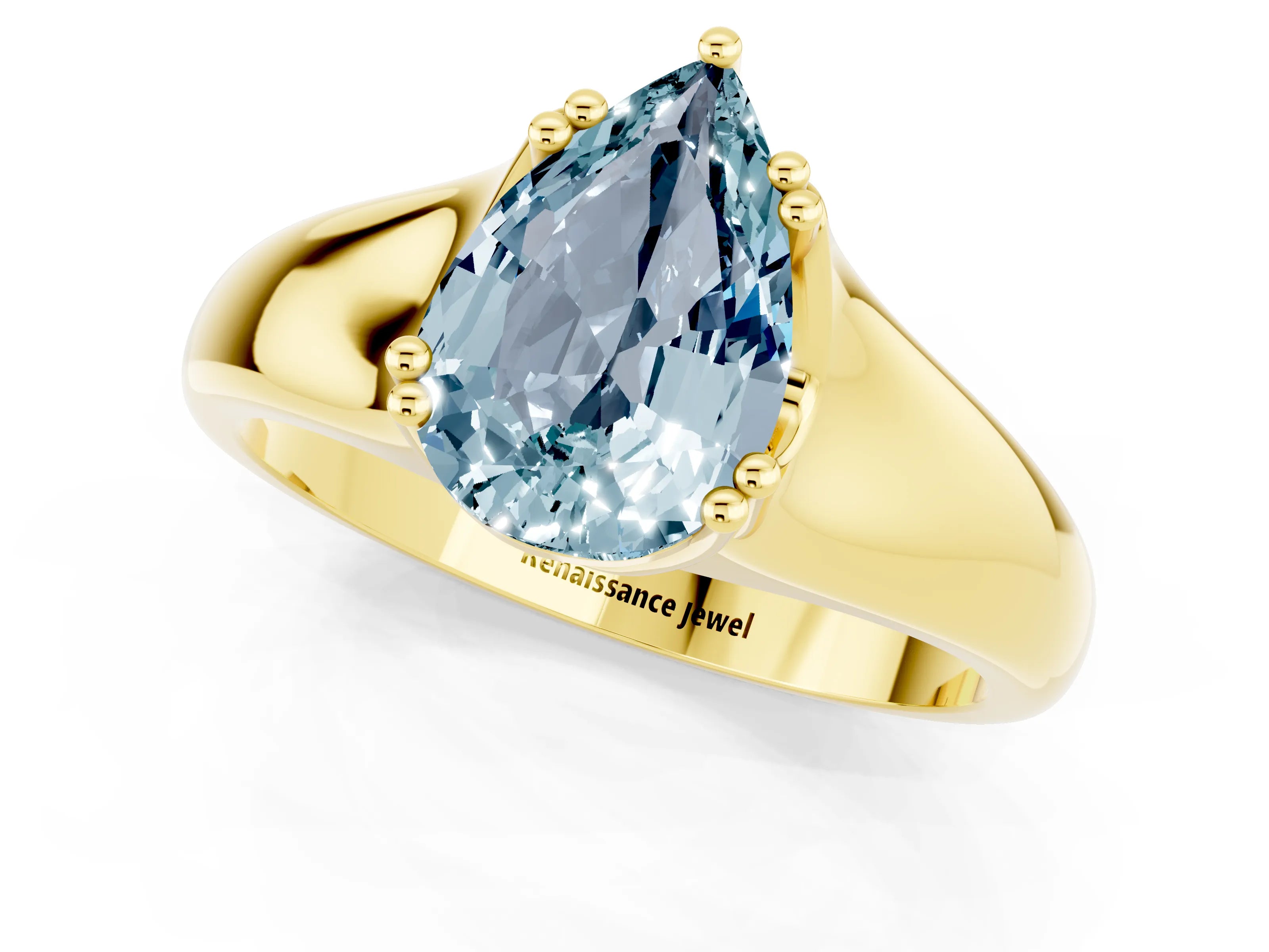 Yellow gold Pear Cut Aquamarine Solitaire Ring with Wide Band and Prong Setting_1
