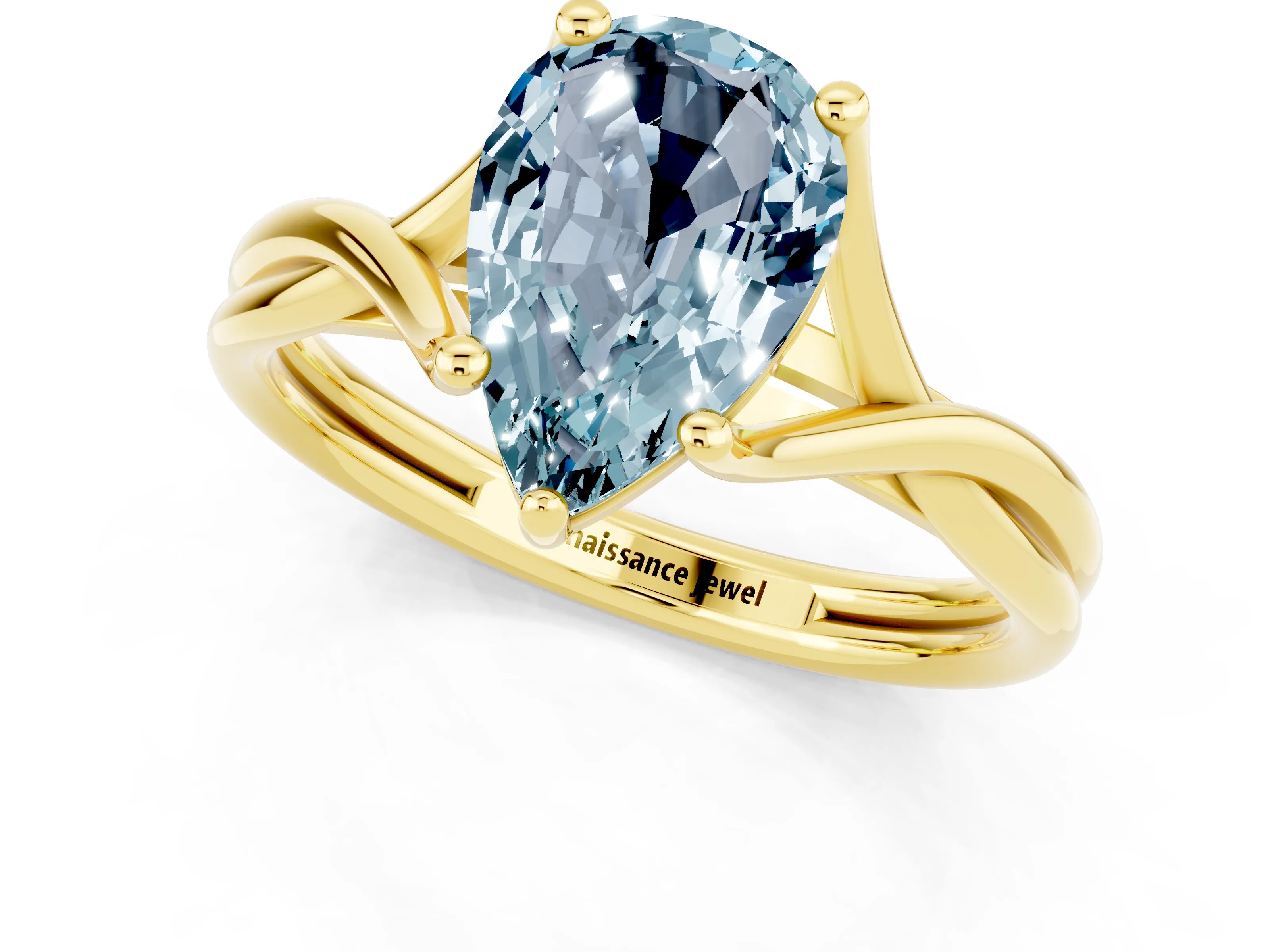 Yellow gold Pear Cut Aquamarine Solitaire Twist Band Prong Setting Ring_60