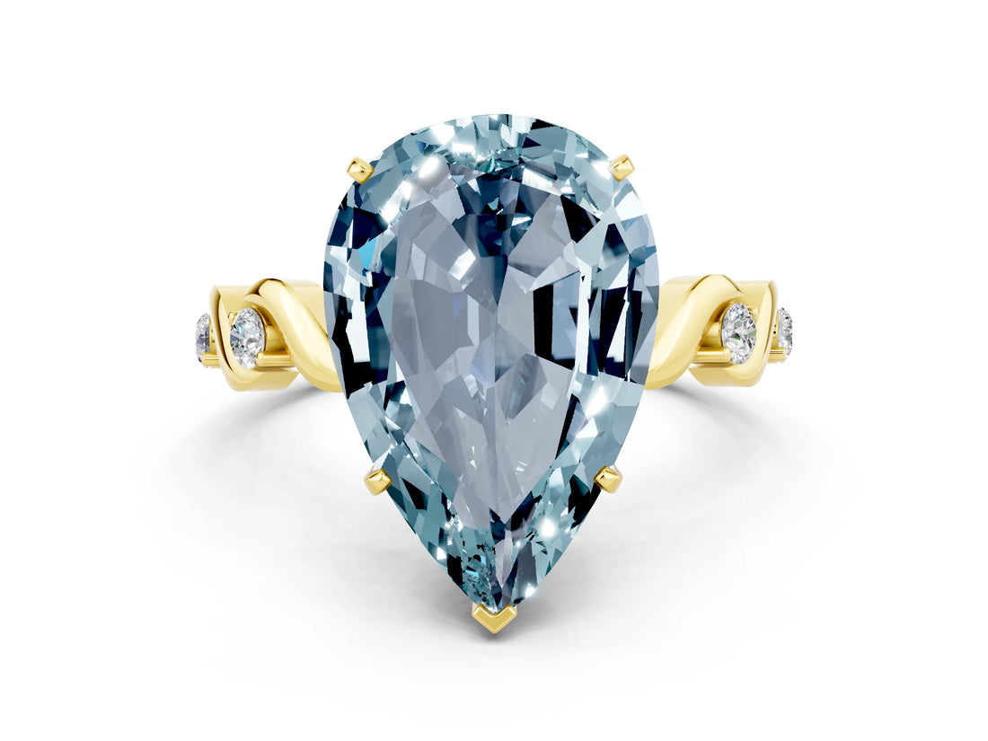 Yellow gold Pear Cut Aquamarine Solitaire Twisted Band with Round  Accents and Prong Setting_12
