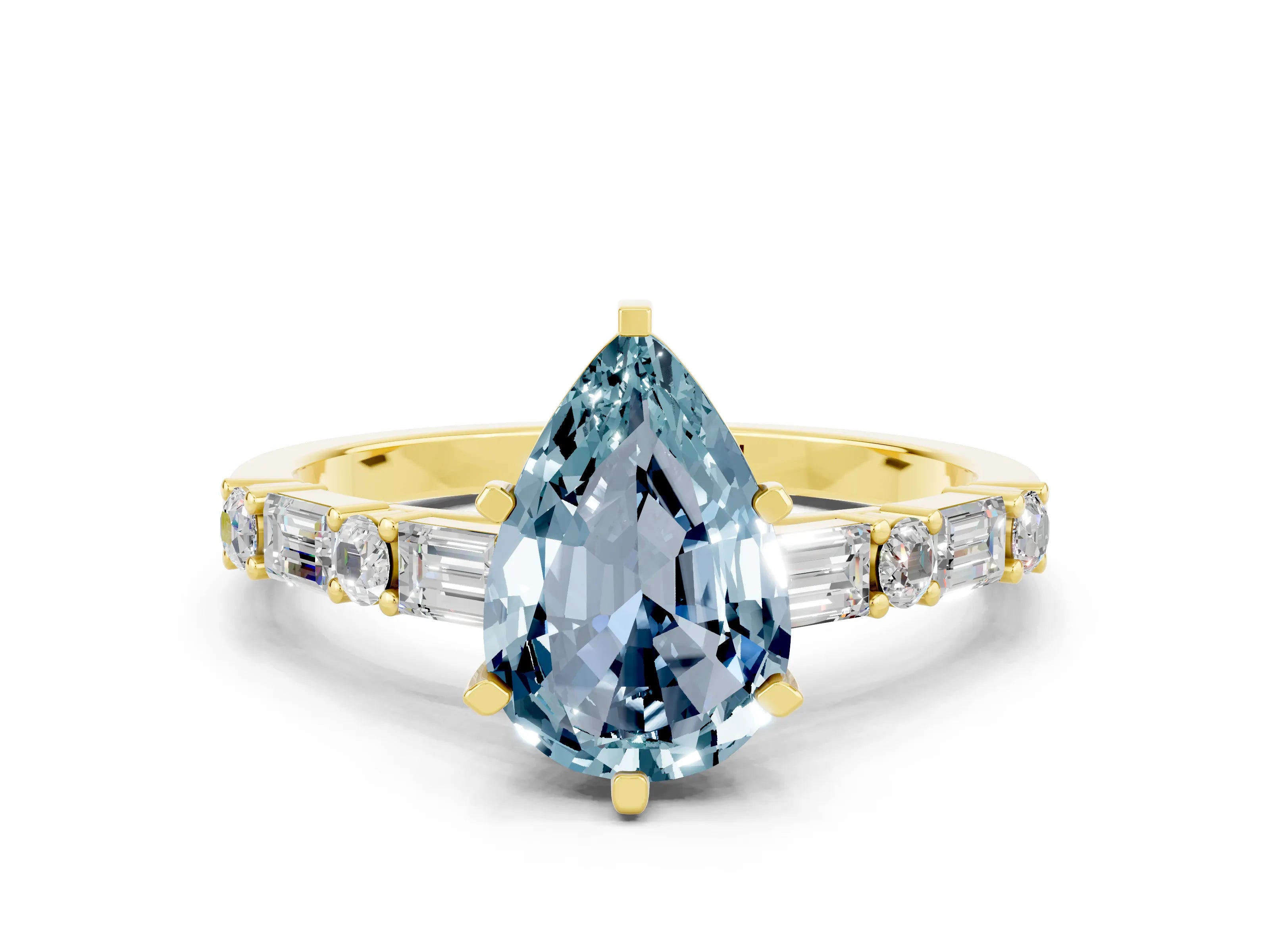 Yellow gold Pear Cut Aquamarine Solitaire with Side Baguettes and Channel Set Band