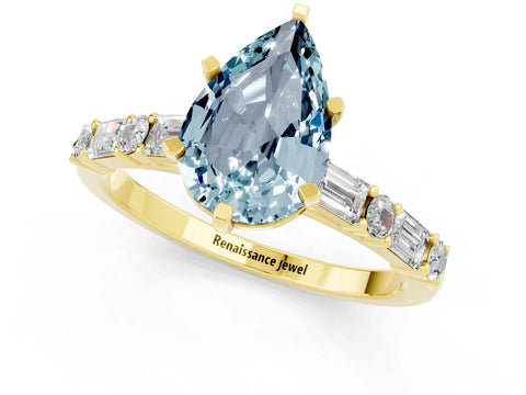 Yellow gold Pear Cut Aquamarine Solitaire with Side Baguettes and Channel Set Band_1