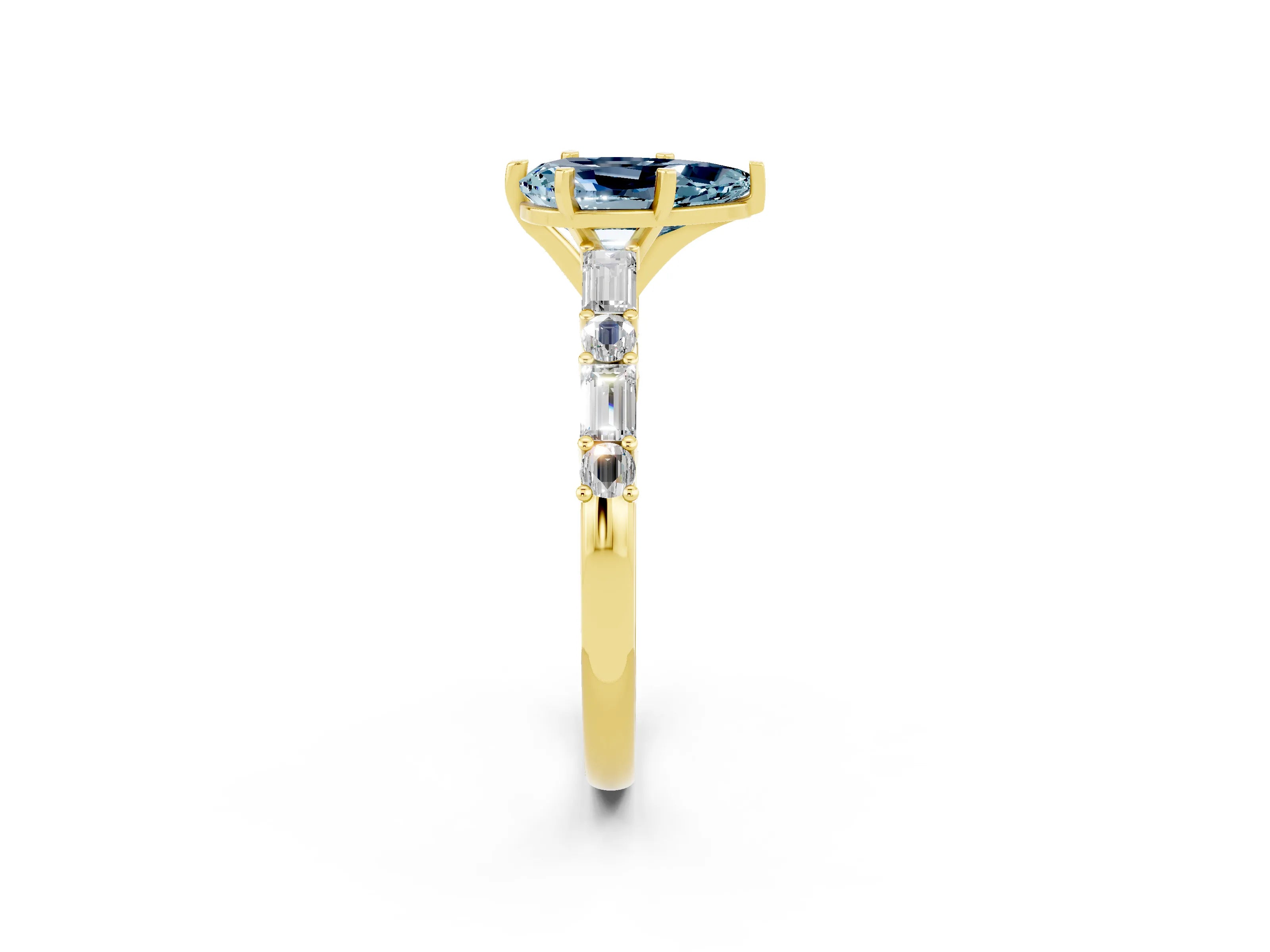 Yellow gold Pear Cut Aquamarine Solitaire with Side Baguettes and Channel Set Band_2