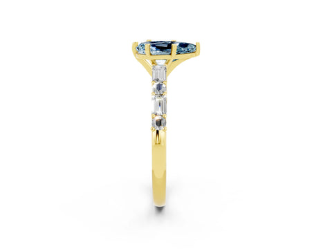 Yellow gold Pear Cut Aquamarine Solitaire with Side Baguettes and Channel Set Band_2