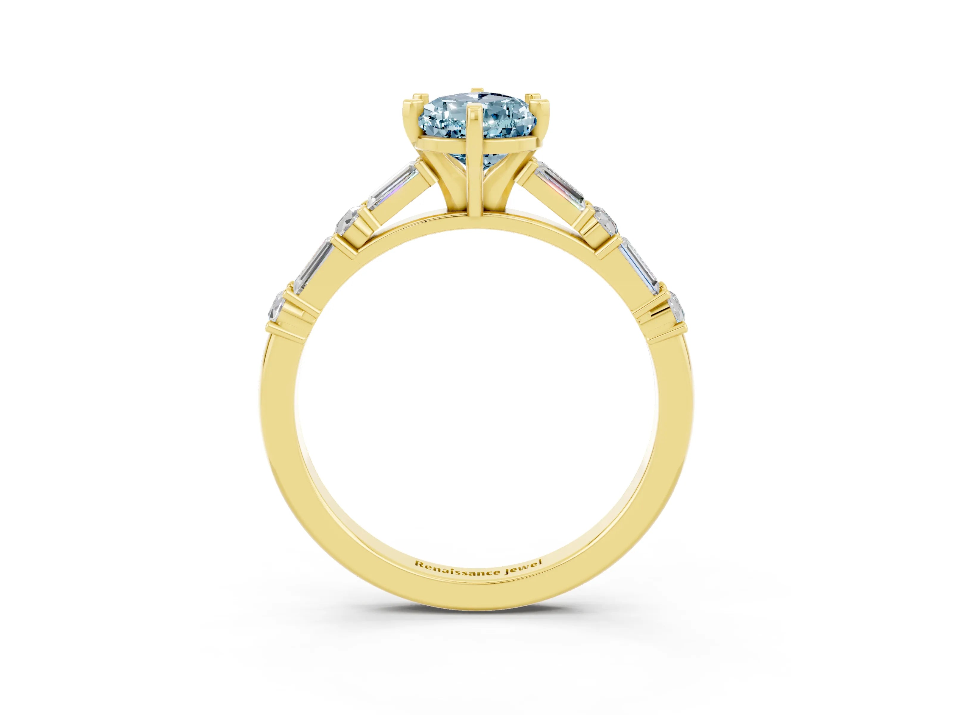 Yellow gold Pear Cut Aquamarine Solitaire with Side Baguettes and Channel Set Band_3