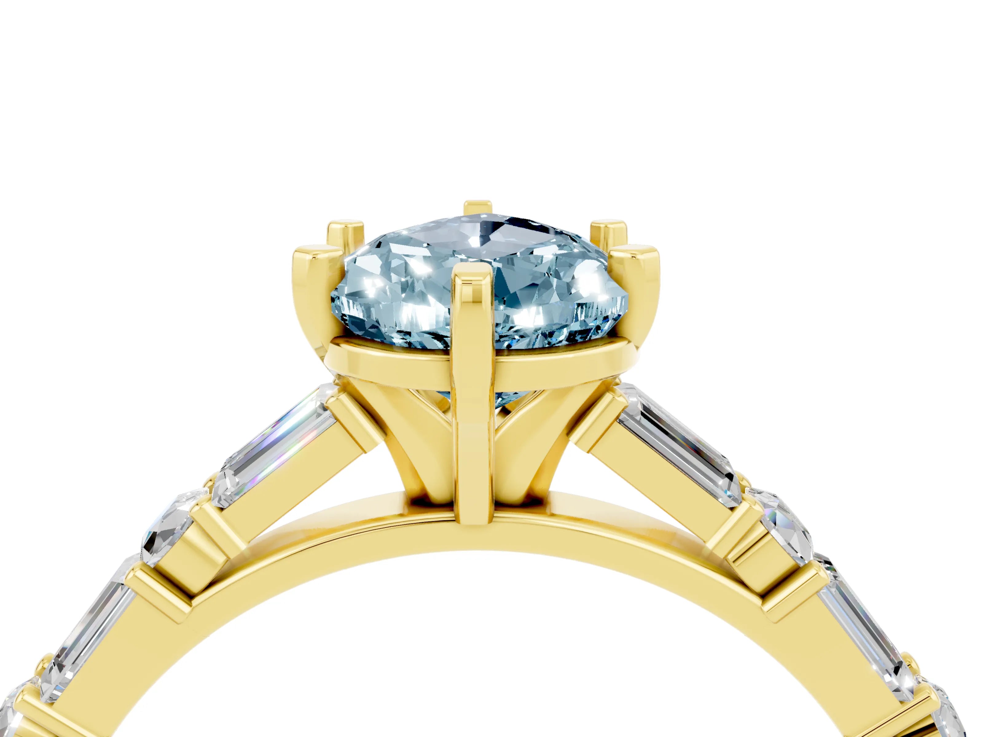 Yellow gold Pear Cut Aquamarine Solitaire with Side Baguettes and Channel Set Band_4