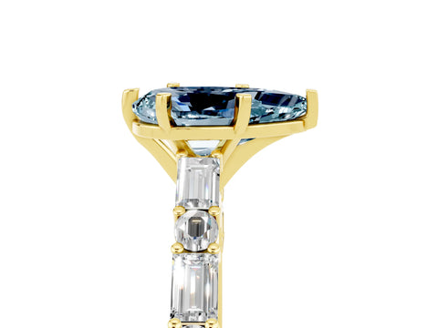 Yellow gold Pear Cut Aquamarine Solitaire with Side Baguettes and Channel Set Band_5