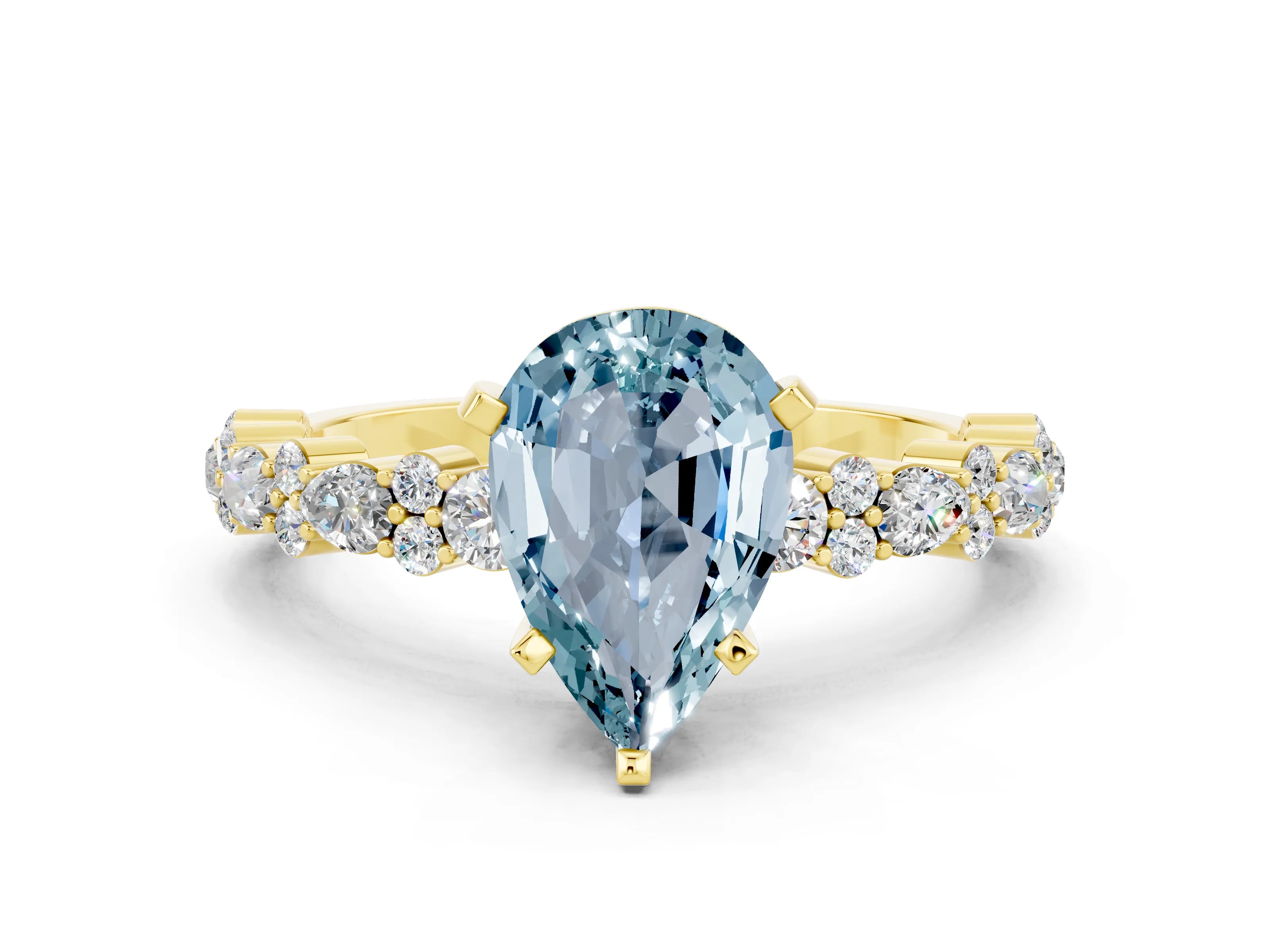 Yellow gold Pear Cut Aquamarine Solitaire with Side Stones, Pave Band, Four-Prong Setting_24