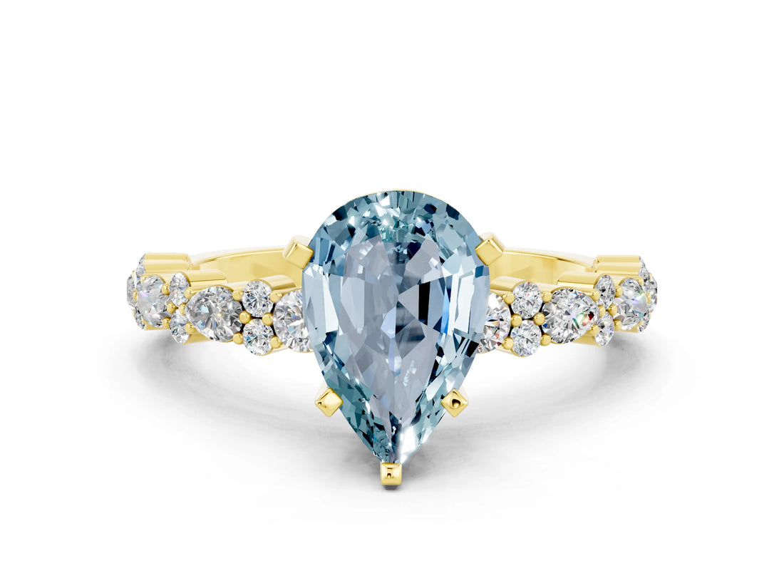 Yellow gold Pear Cut Aquamarine Solitaire with Side Stones, Pave Band, Four-Prong Setting_24