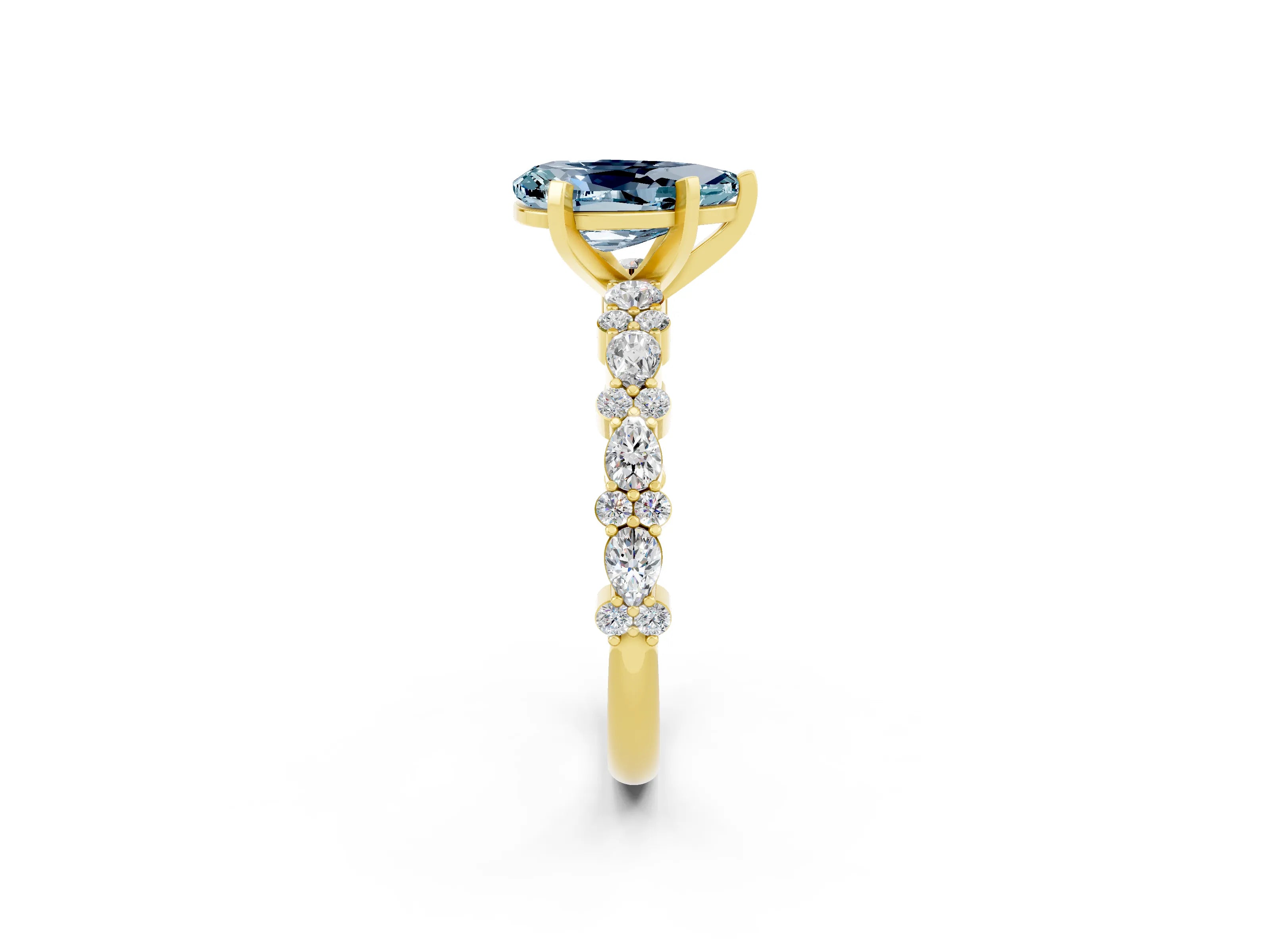 Yellow gold Pear Cut Aquamarine Solitaire with Side Stones, Pave Band, Four-Prong Setting_26