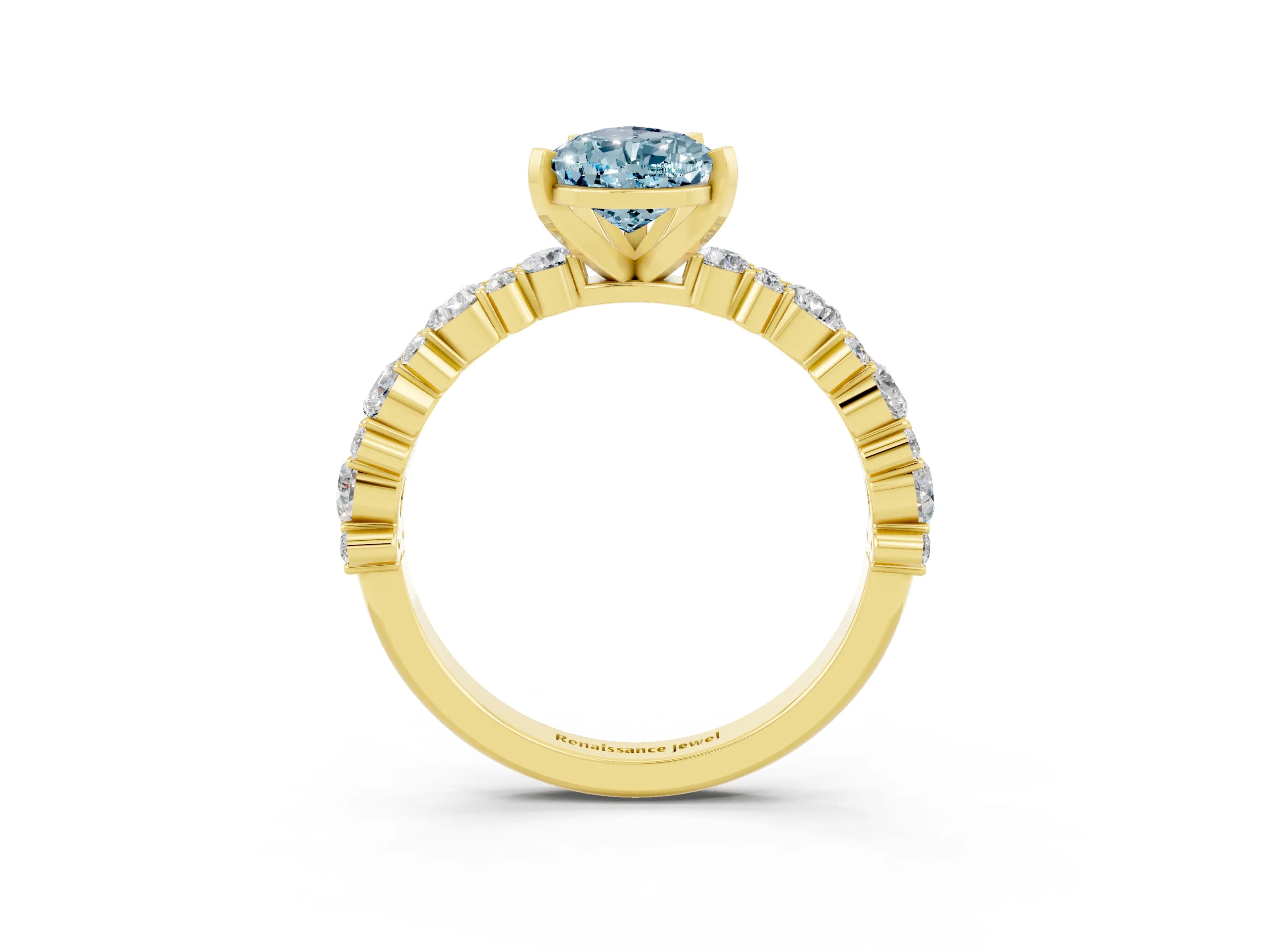Yellow gold Pear Cut Aquamarine Solitaire with Side Stones, Pave Band, Four-Prong Setting_27