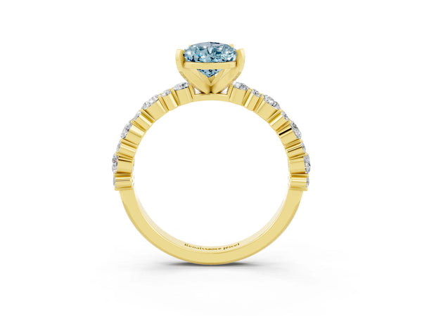 Yellow gold Pear Cut Aquamarine Side Stone Solitaire Ring with Round  and Four-Prong Setting
