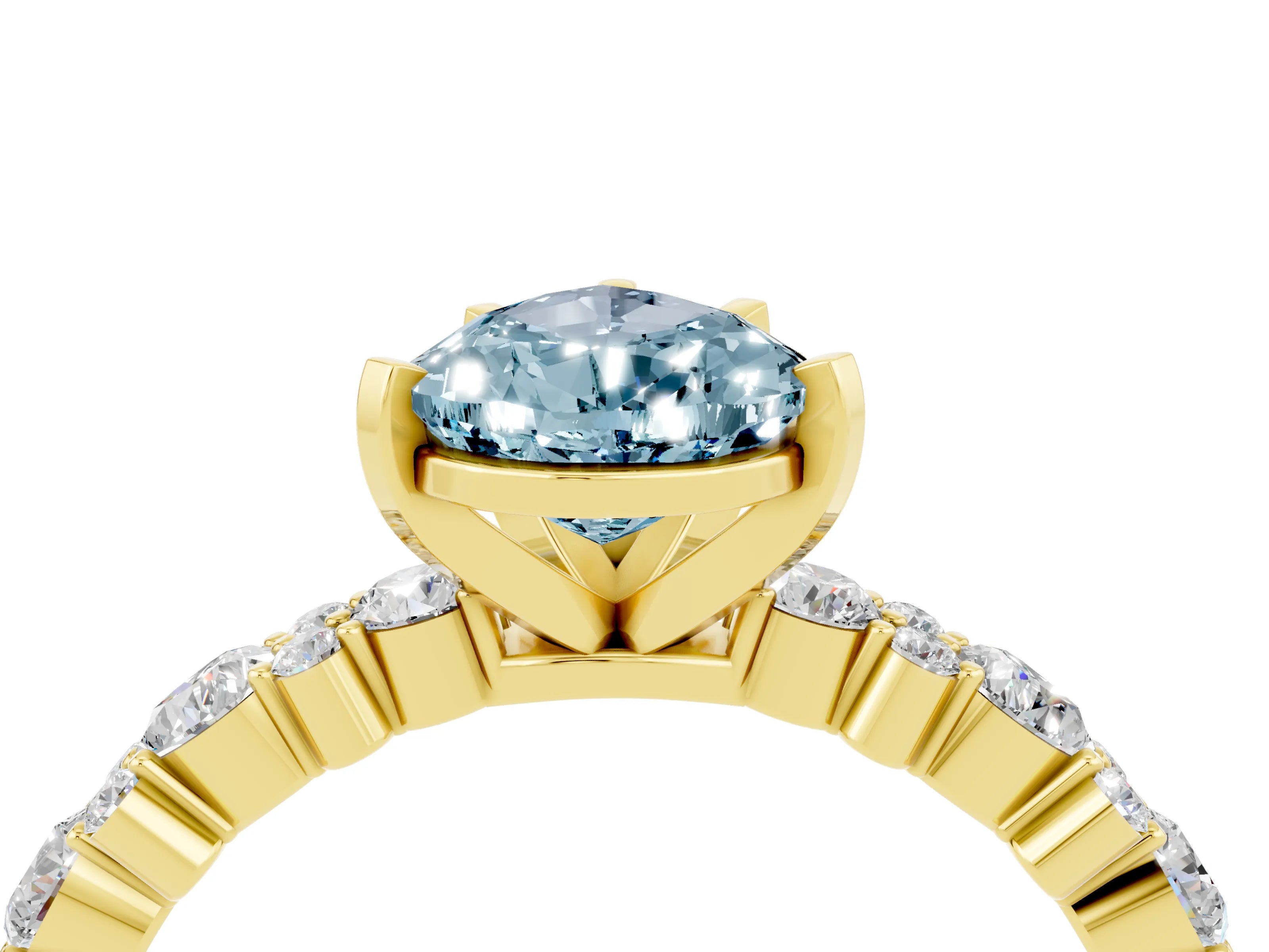 Yellow gold Pear Cut Aquamarine Solitaire with Side Stones, Pave Band, Four-Prong Setting_28