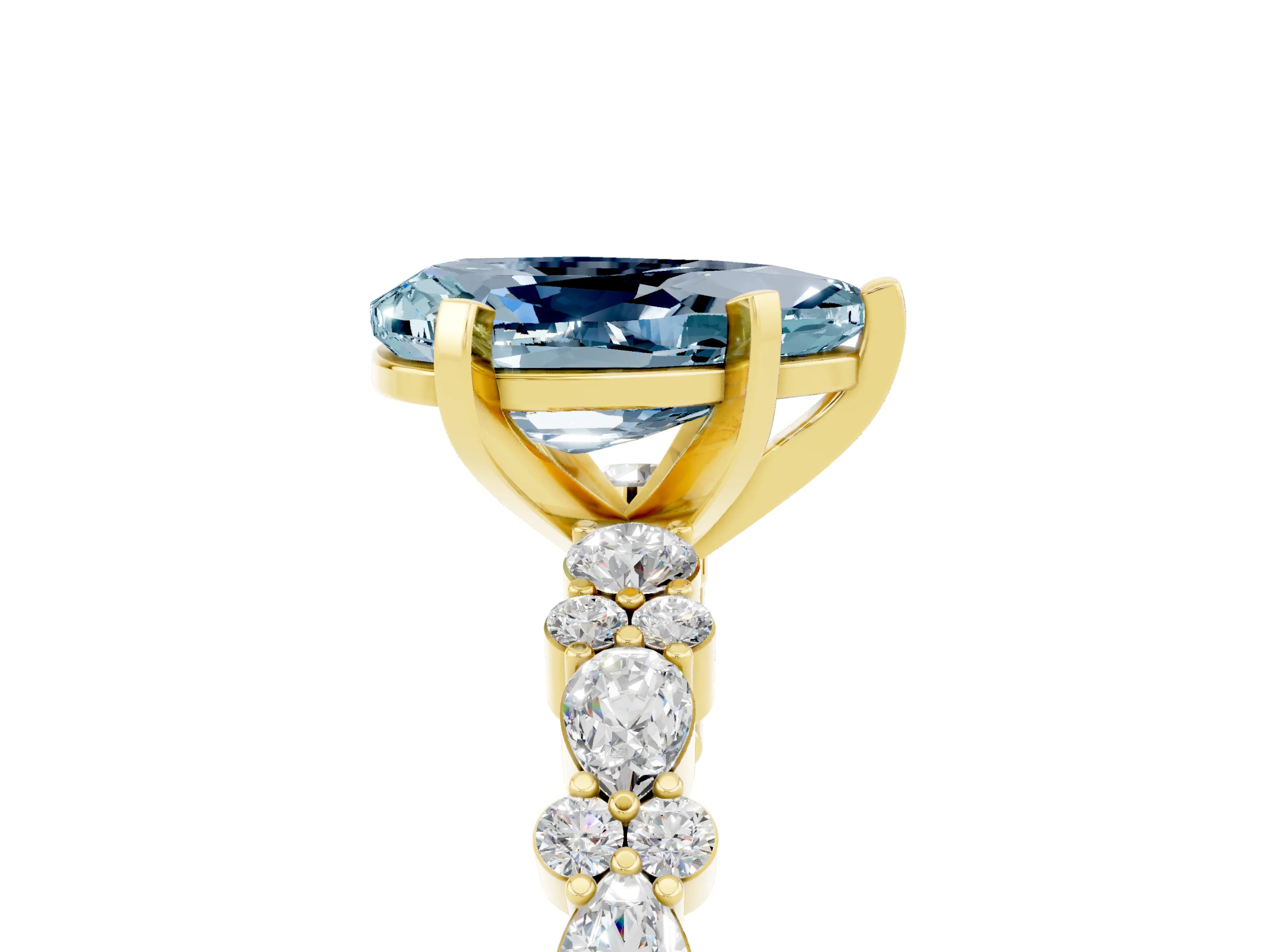 Yellow gold Pear Cut Aquamarine Solitaire with Side Stones, Pave Band, Four-Prong Setting_29