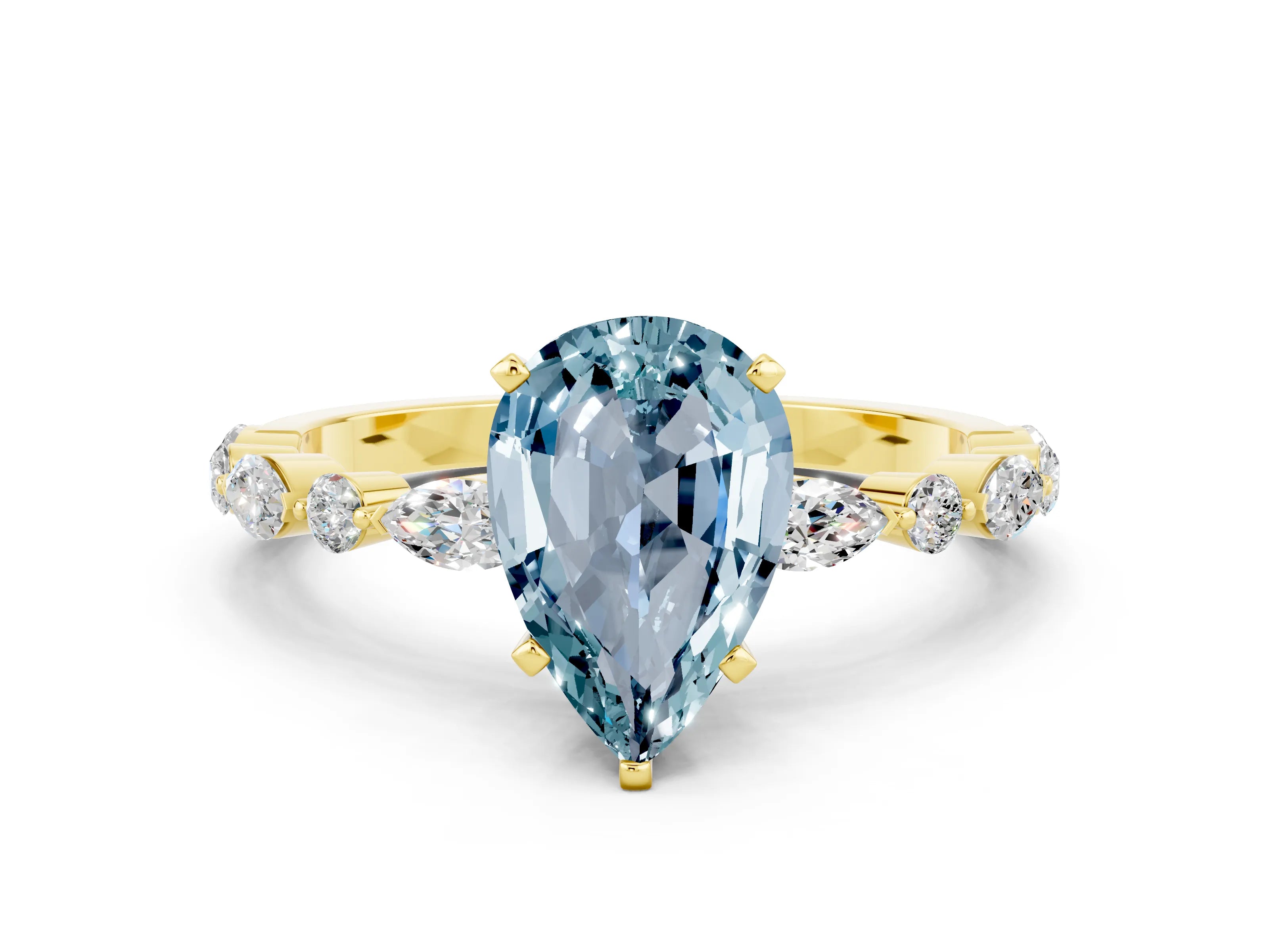 Yellow gold Pear Cut Aquamarine Solitaire with Side Stones on a Pavé Band and Four-Prong Setting