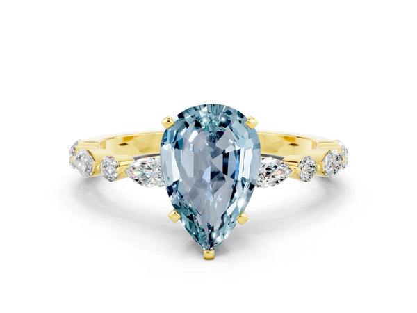 Yellow gold Pear Cut Aquamarine Ring with Marquise and Round  Side Stones and Four-Prong Setting
