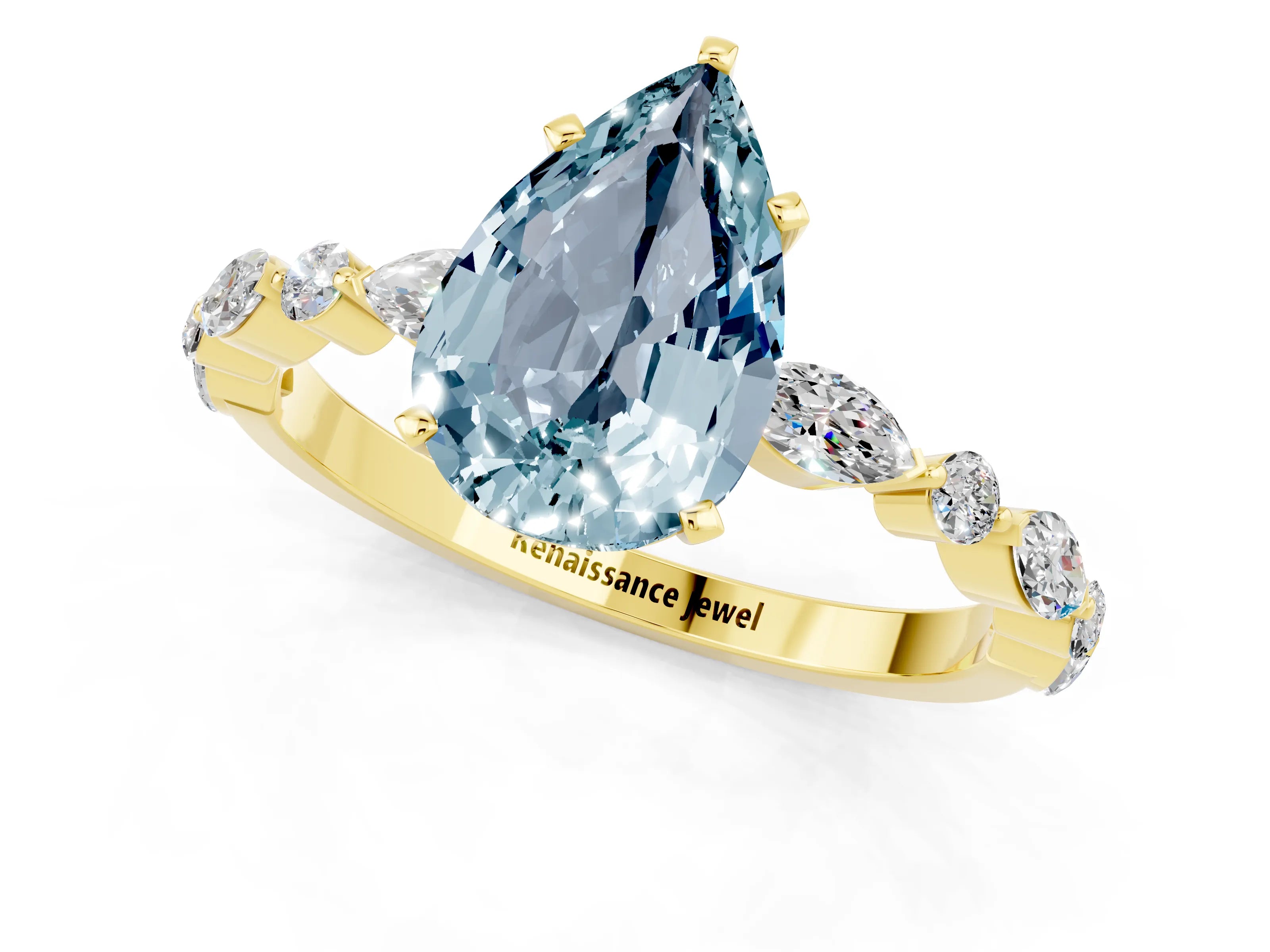 Yellow gold Pear Cut Aquamarine Solitaire with Side Stones on a Pavé Band and Four-Prong Setting_1