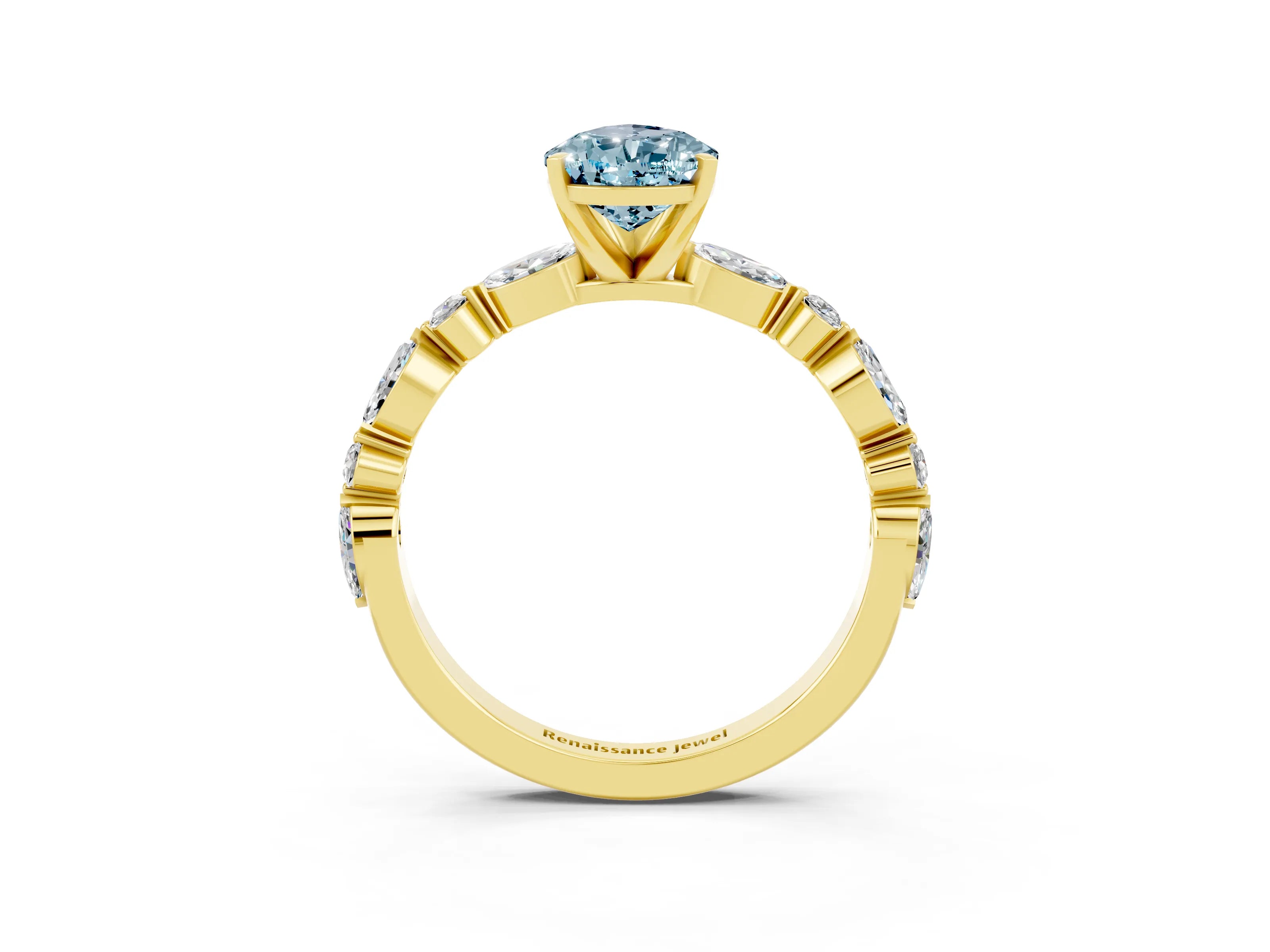 Yellow gold Pear Cut Aquamarine Solitaire with Side Stones on a Pavé Band and Four-Prong Setting_3