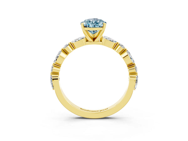 Yellow gold Pear Cut Aquamarine Ring with Marquise and Round  Side Stones and Four-Prong Setting